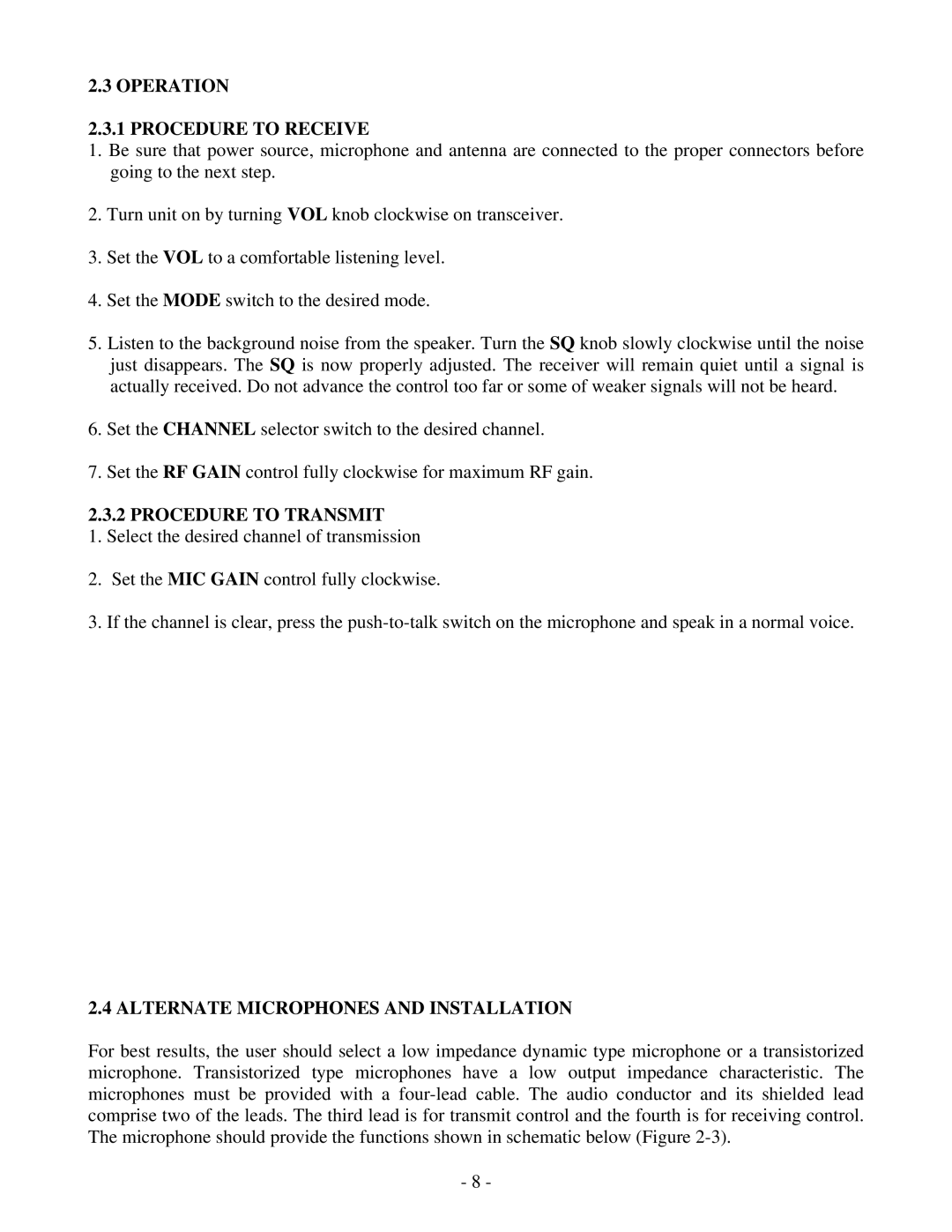 Ranger RCI-6300F TB Operation Procedure to Receive, Procedure to Transmit, Alternate Microphones and Installation 