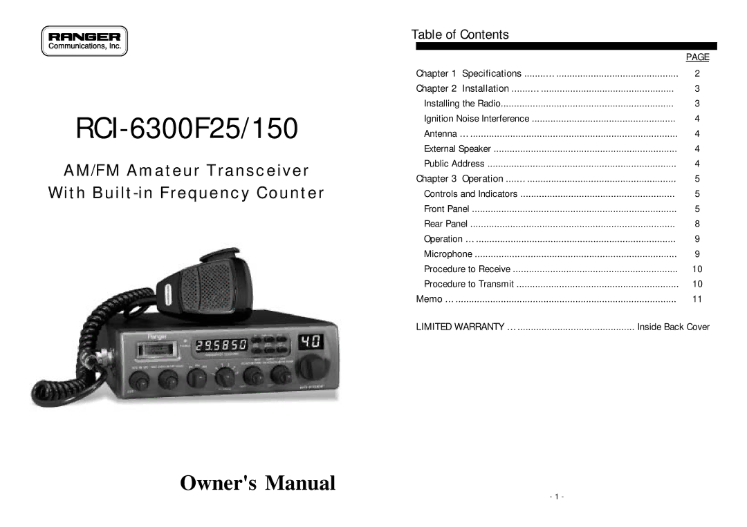 Ranger RCI-6300F25/150 owner manual Table of Contents 