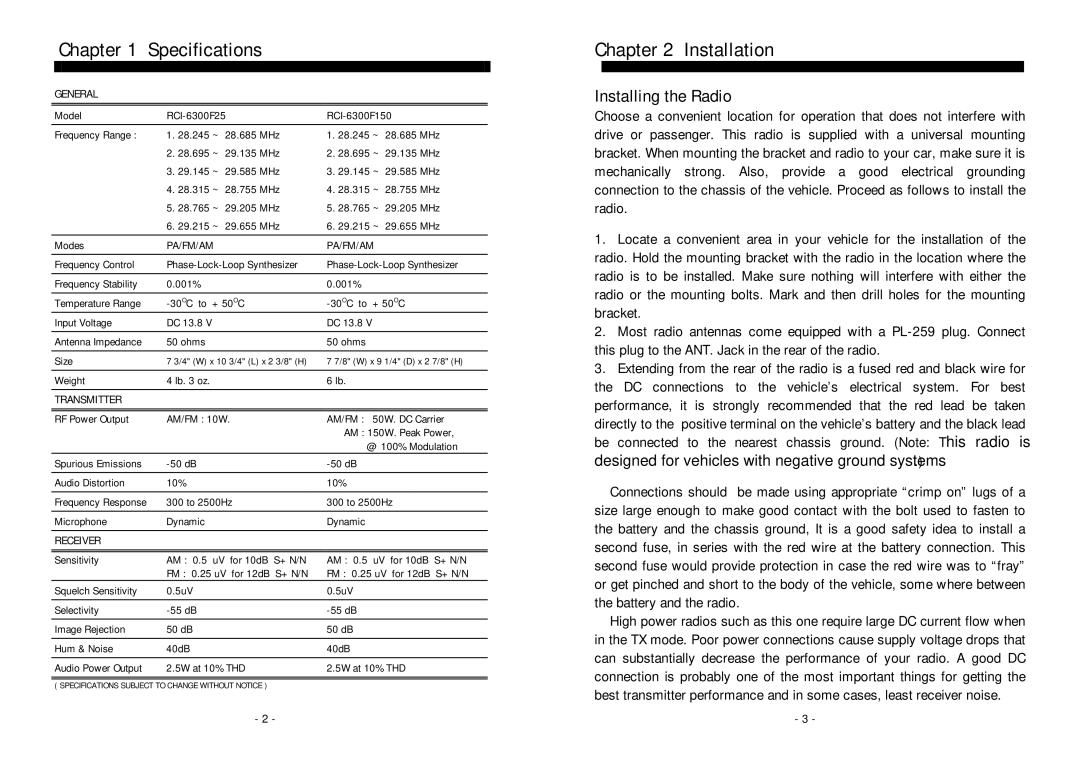 Ranger RCI-6300F25/150 owner manual Specifications, Installation, Installing the Radio 