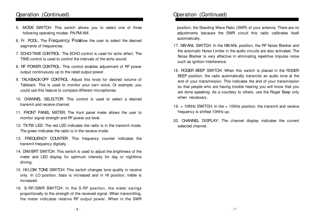 Ranger RCI-6300F25/150 owner manual Operation 