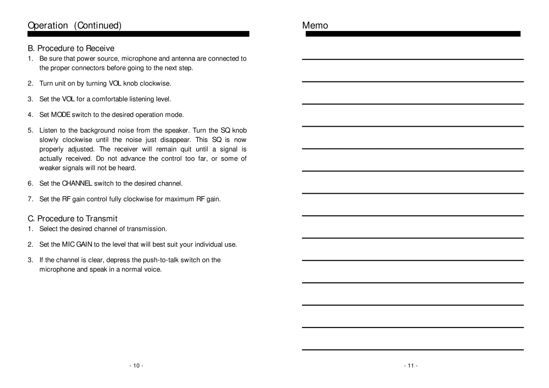 Ranger RCI-6300F25/150 owner manual Memo, Procedure to Receive, Procedure to Transmit 