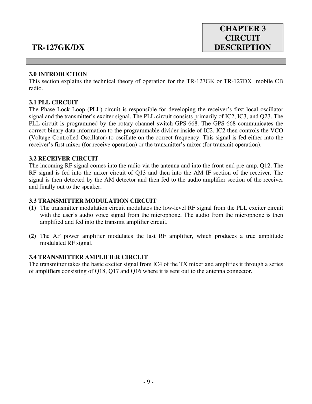 Ranger TR-127GK/DX Chapter Circuit Description, PLL Circuit, Receiver Circuit, Transmitter Modulation Circuit 