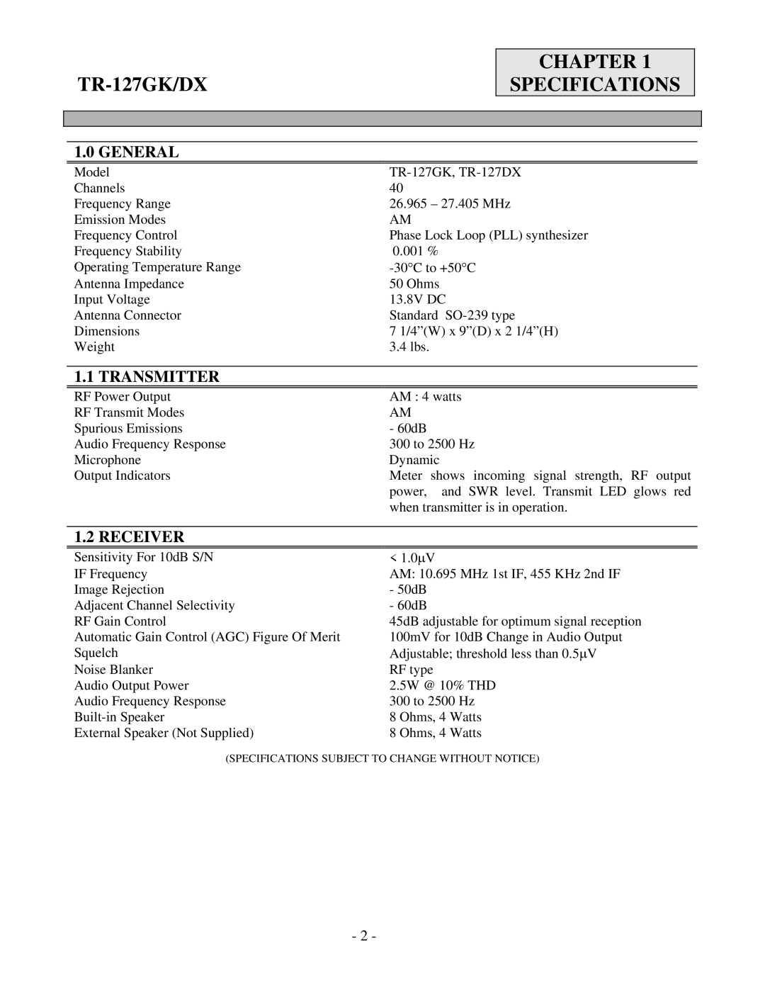 Ranger service manual TR-127GK/DX Chapter Specifications, General 