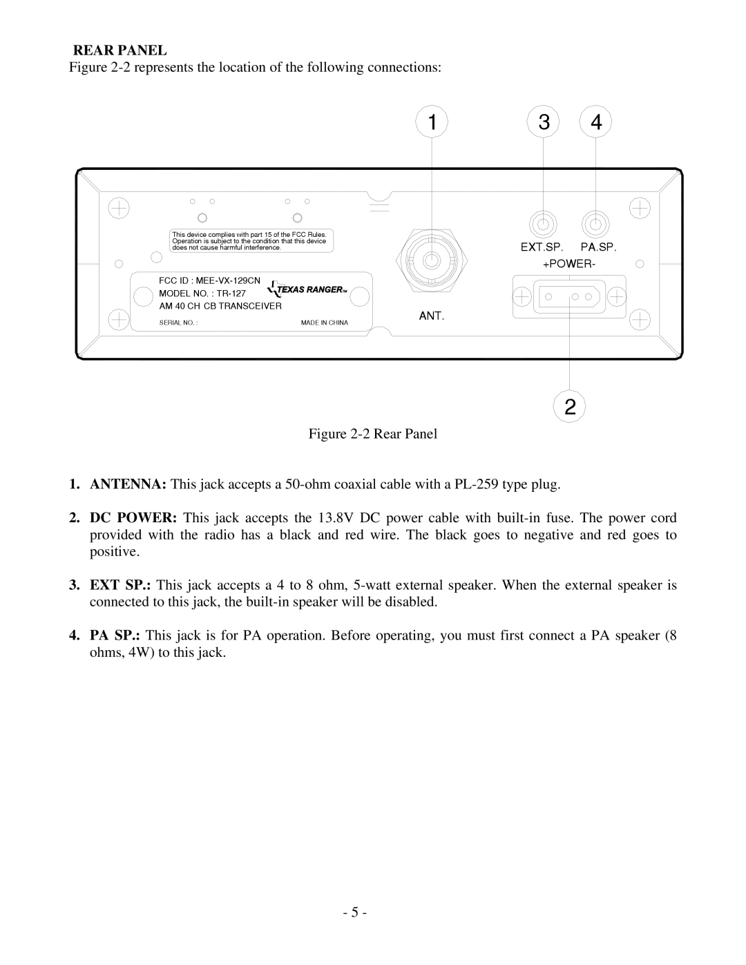 Ranger TR-127GK/DX service manual Rear Panel, Represents the location of the following connections 