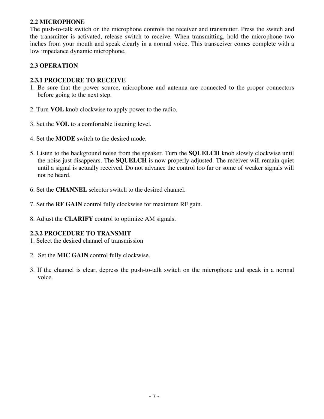 Ranger TR-127GK/DX service manual Microphone, Operation Procedure to Receive, Procedure to Transmit 