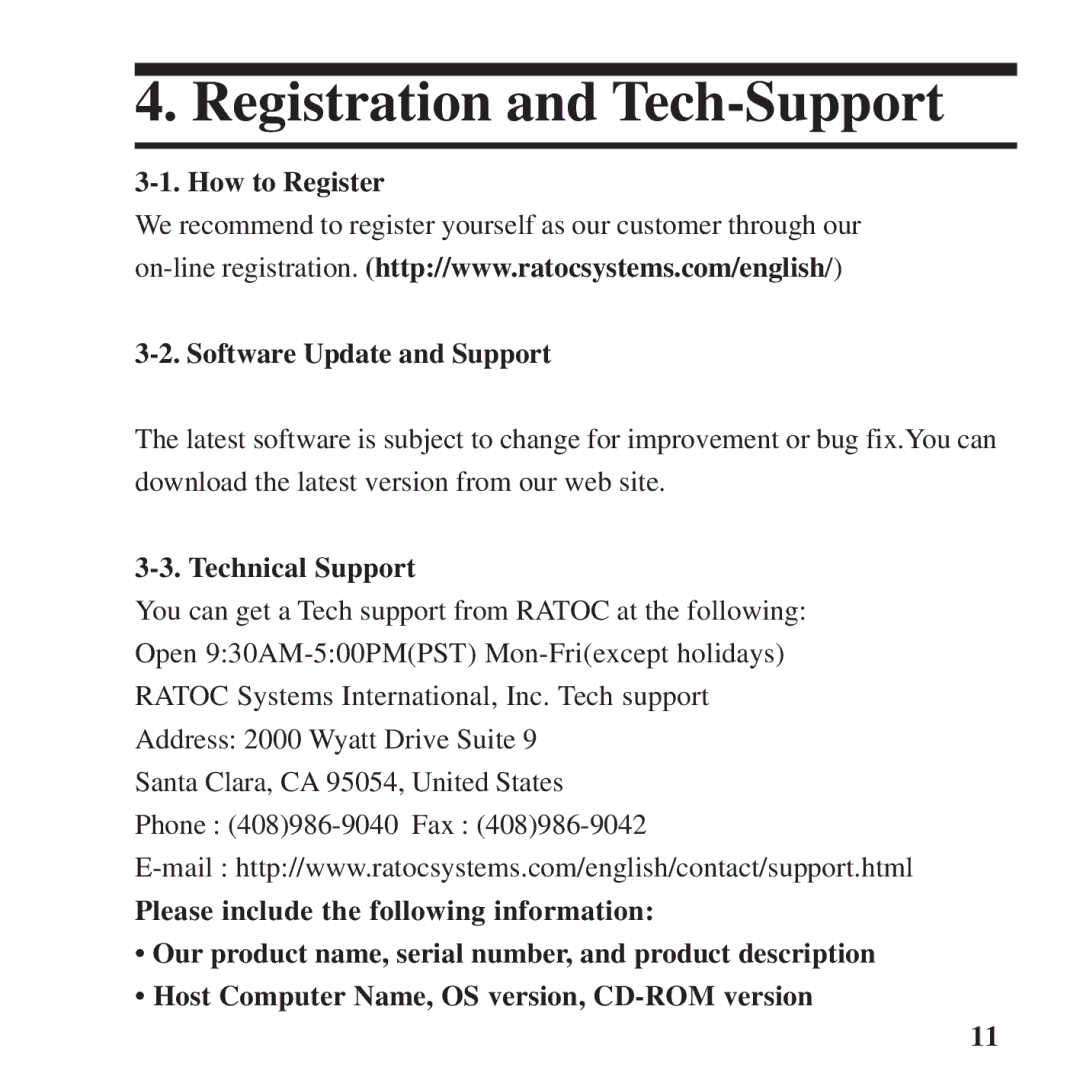Ratoc Systems CFU2 manual Registration and Tech-Support, How to Register Software Update and Support 