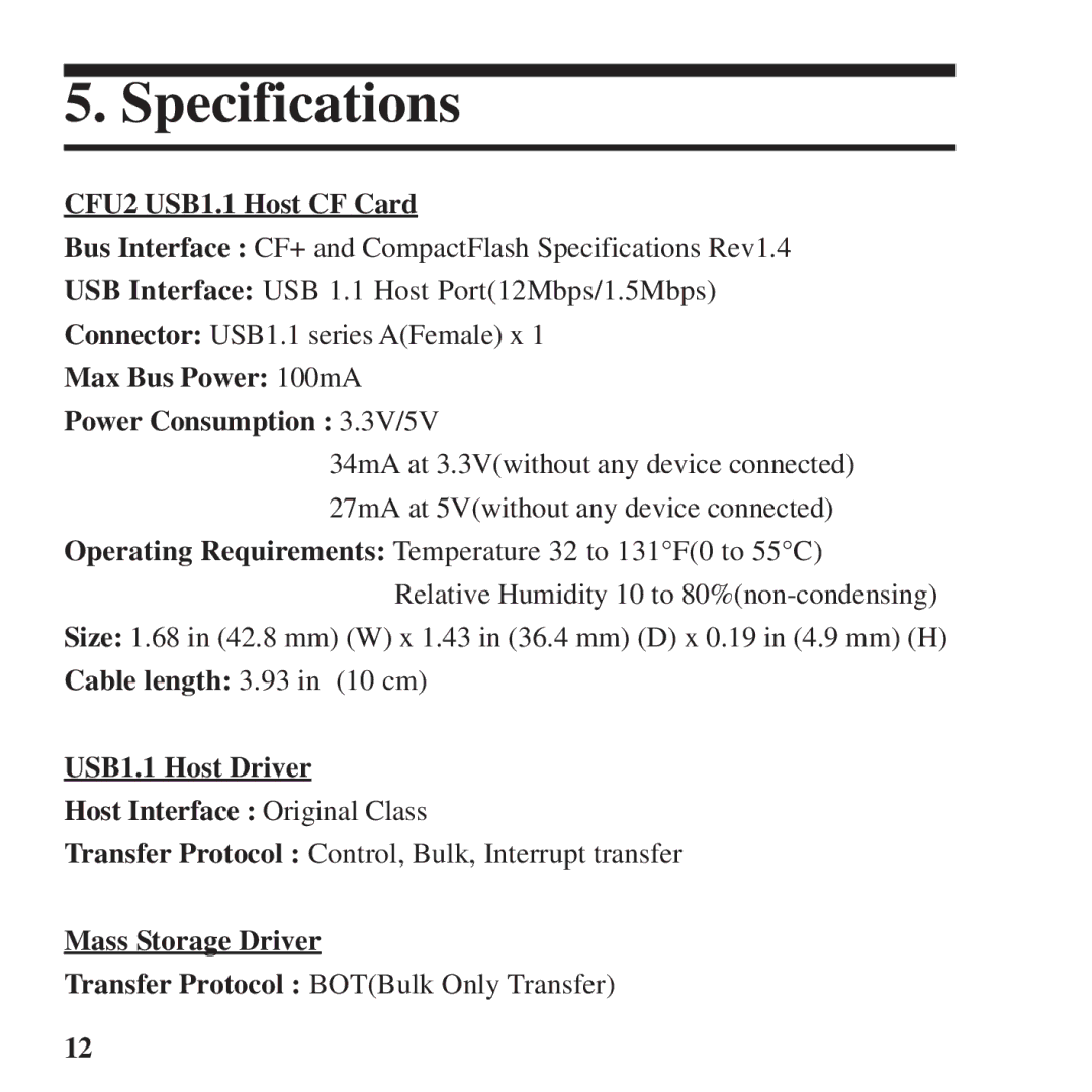 Ratoc Systems manual Specifications, CFU2 USB1.1 Host CF Card 