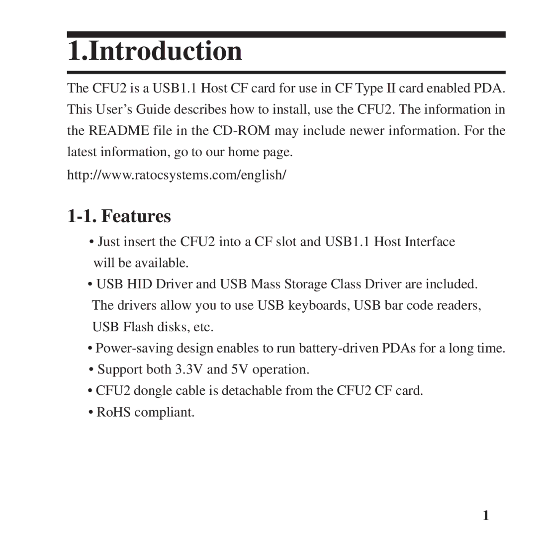 Ratoc Systems CFU2 manual Introduction, Features 