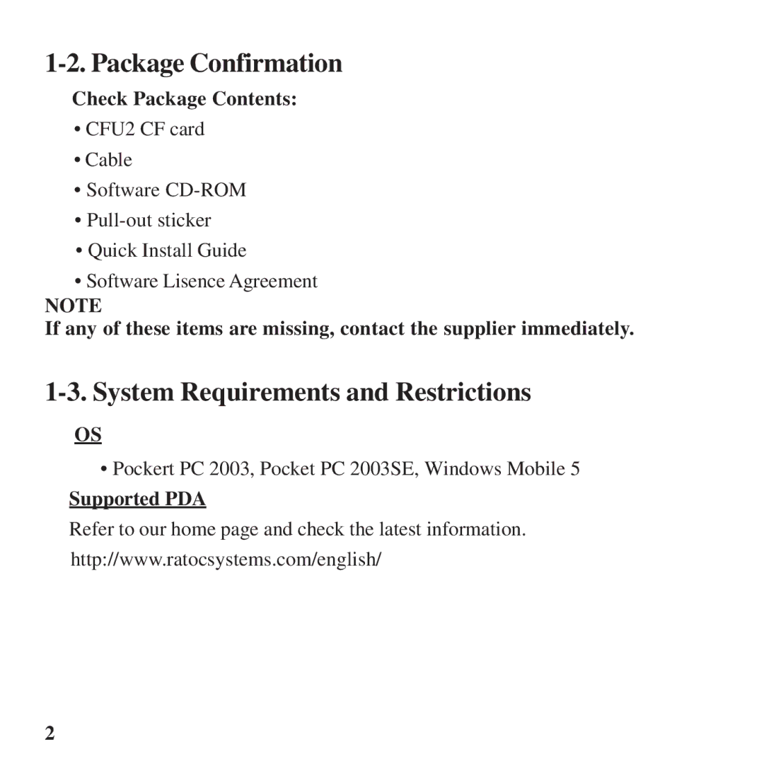 Ratoc Systems CFU2 manual Package Confirmation, System Requirements and Restrictions 