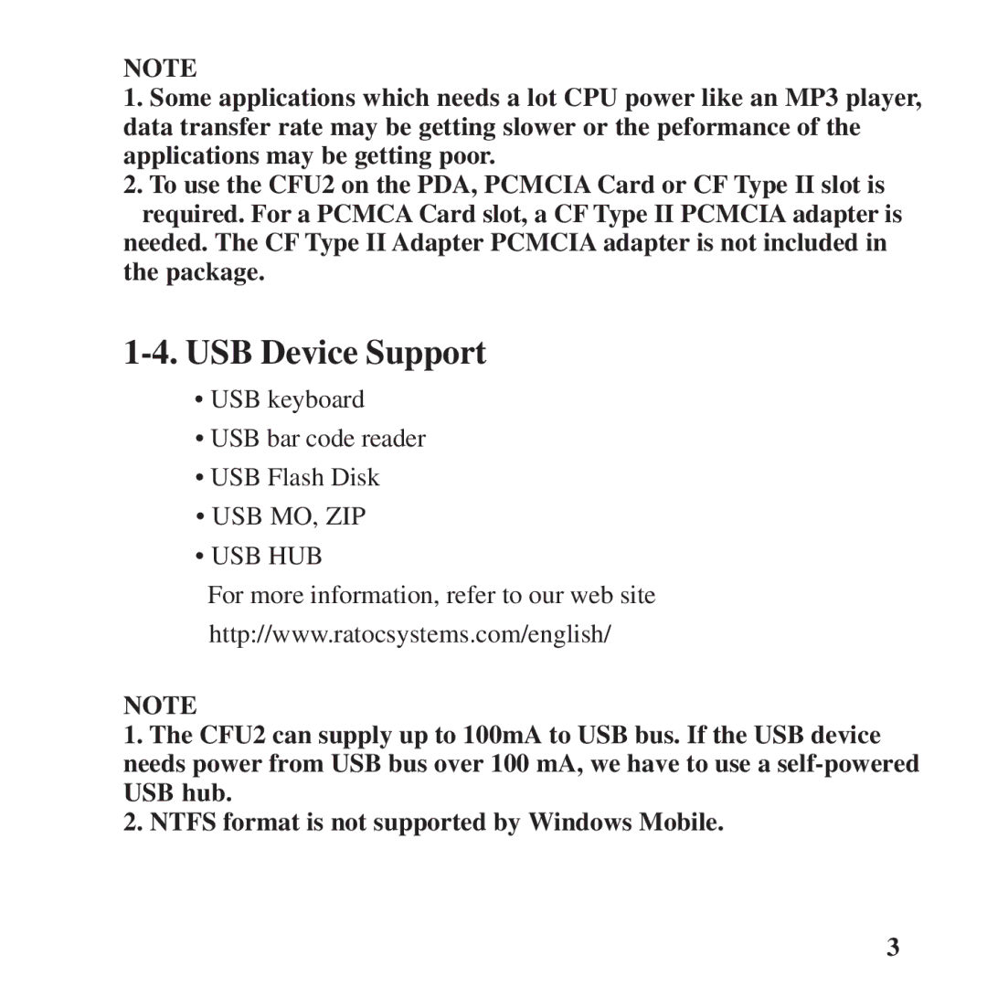 Ratoc Systems CFU2 manual USB Device Support 
