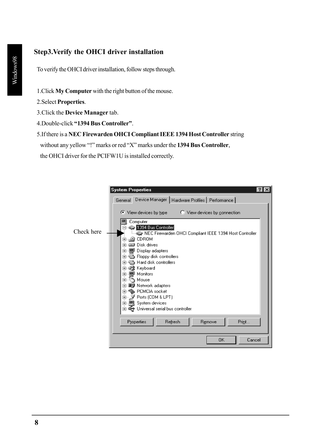 Ratoc Systems PCIFW1U manual Verify the Ohci driver installation 