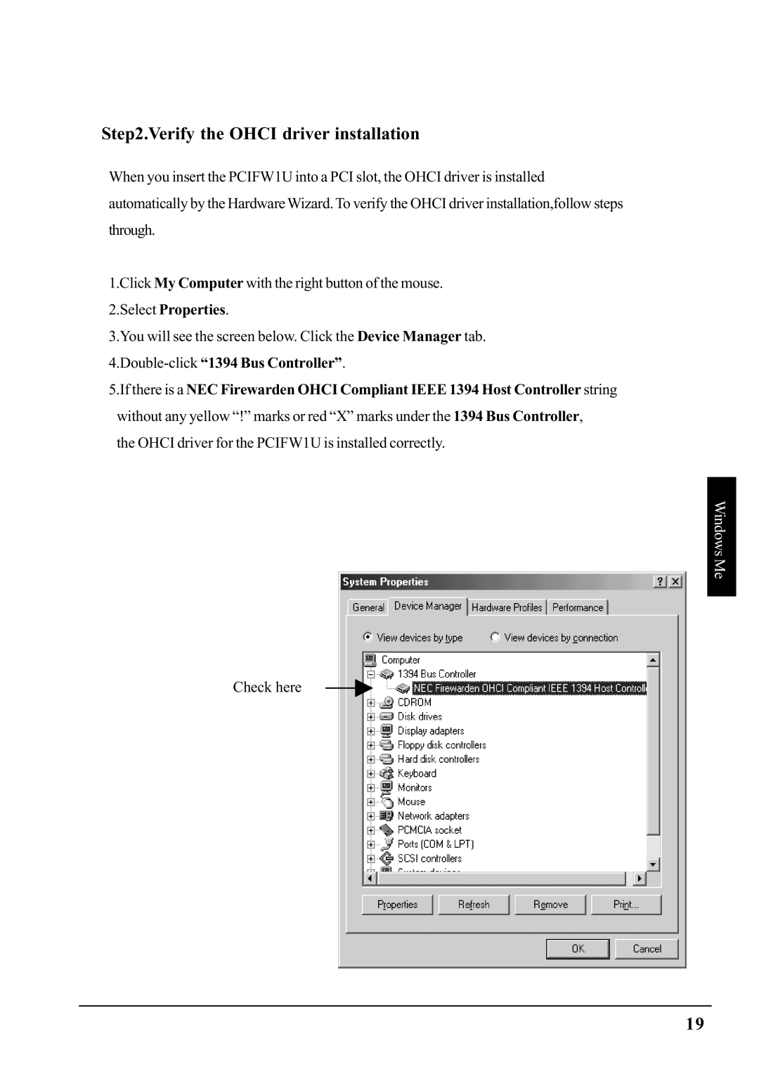 Ratoc Systems manual Ohci driver for the PCIFW1U is installed correctly 