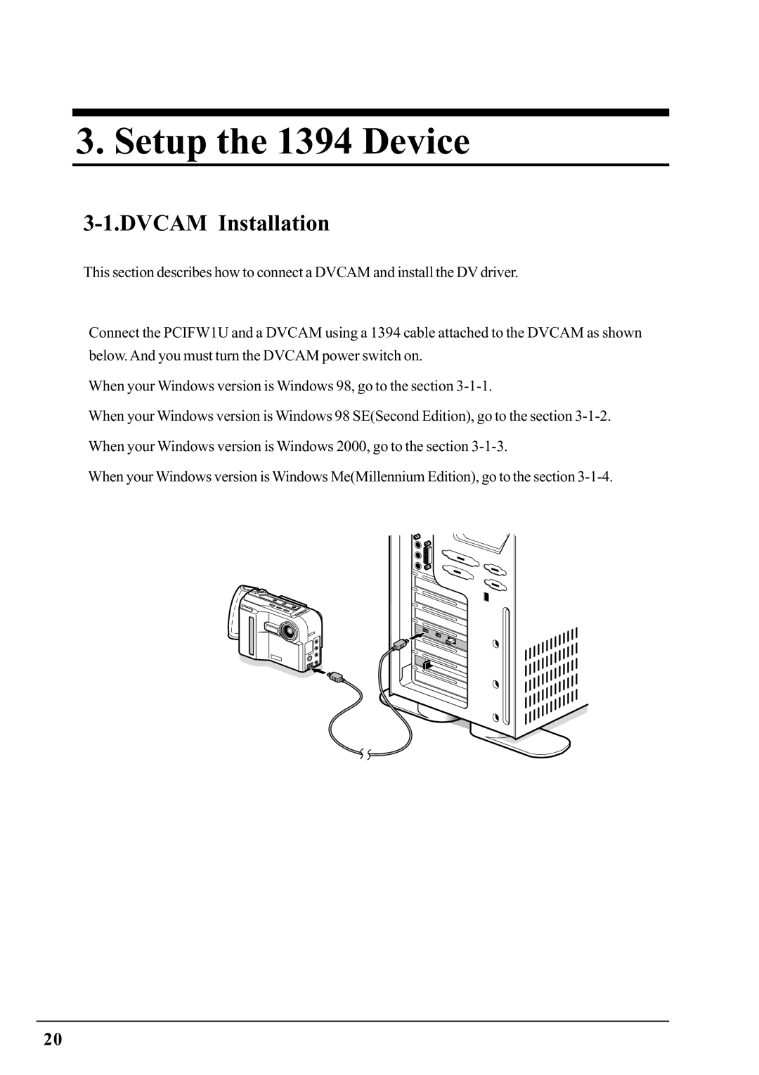 Ratoc Systems PCIFW1U manual Setup the 1394 Device, Dvcam Installation 