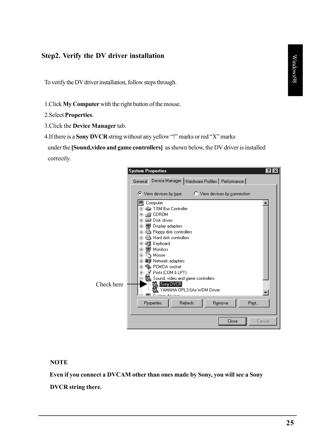 Ratoc Systems PCIFW1U manual Verify the DV driver installation 