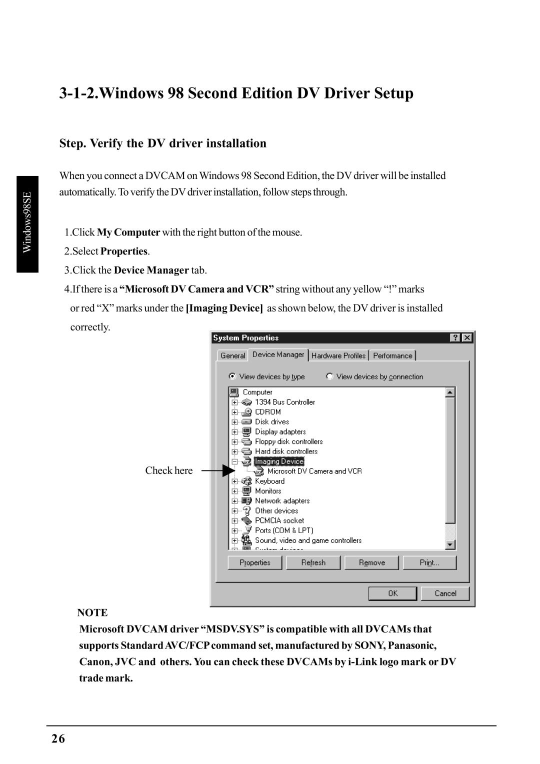 Ratoc Systems PCIFW1U manual Windows 98 Second Edition DV Driver Setup, Step. Verify the DV driver installation 