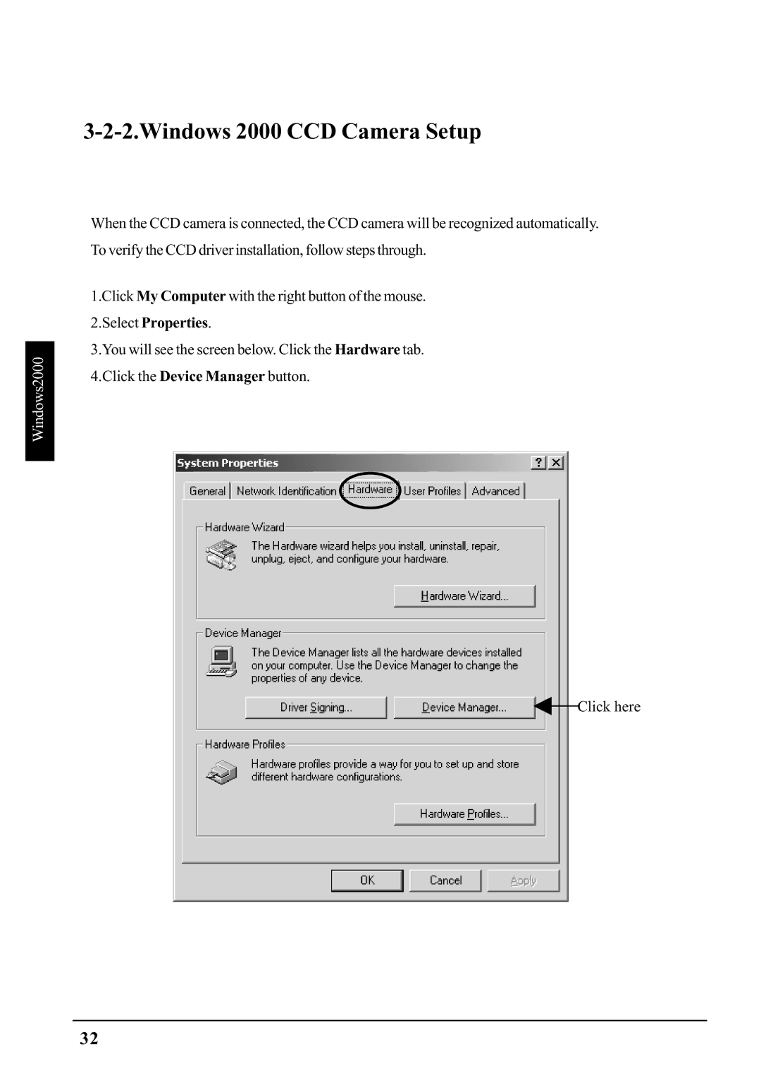 Ratoc Systems PCIFW1U manual Windows 2000 CCD Camera Setup 