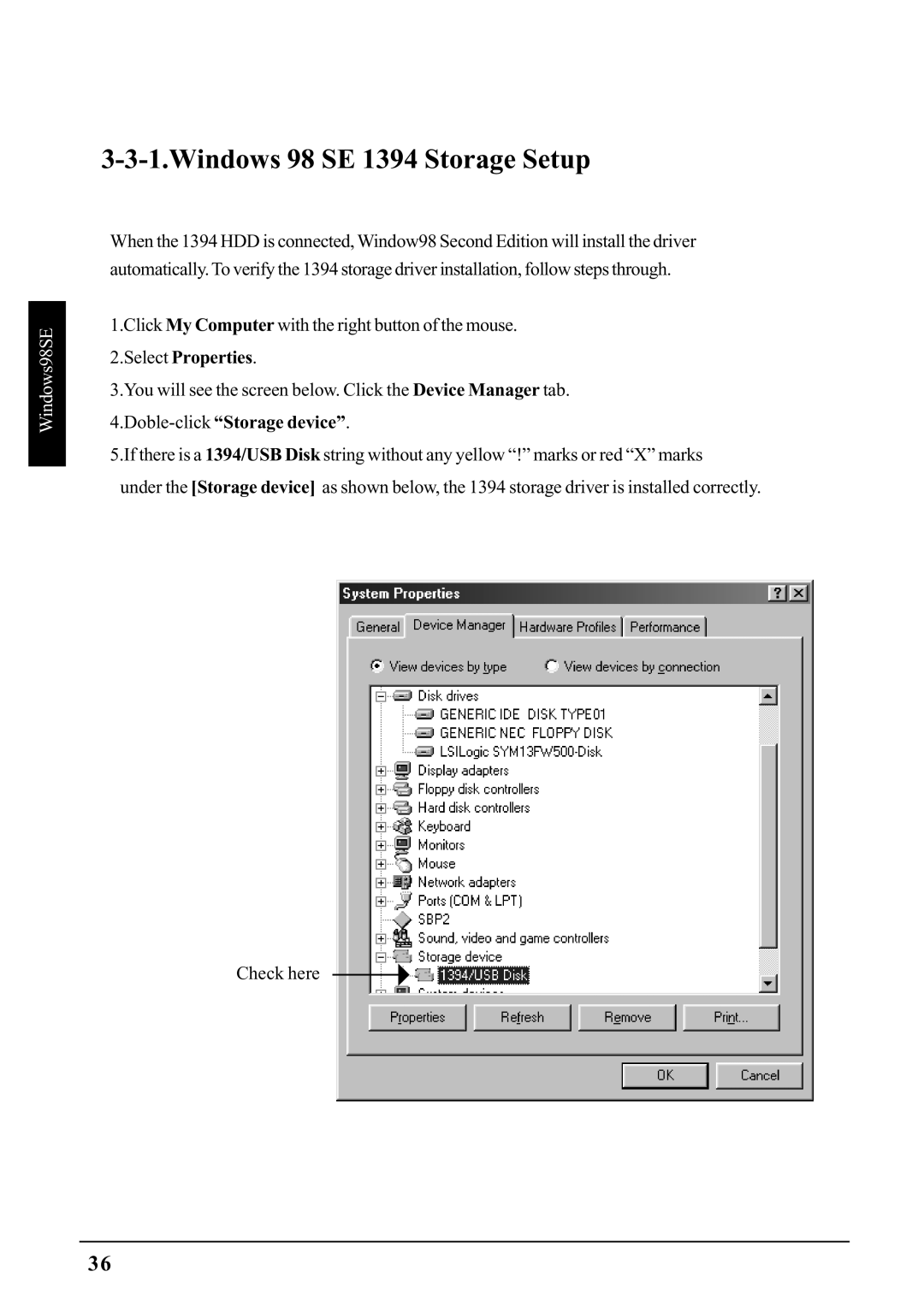 Ratoc Systems PCIFW1U manual Windows 98 SE 1394 Storage Setup 