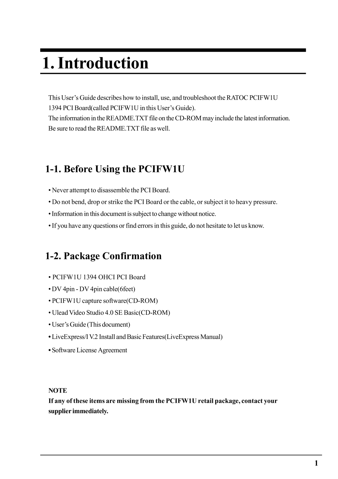 Ratoc Systems manual Introduction, Before Using the PCIFW1U, Package Confirmation 