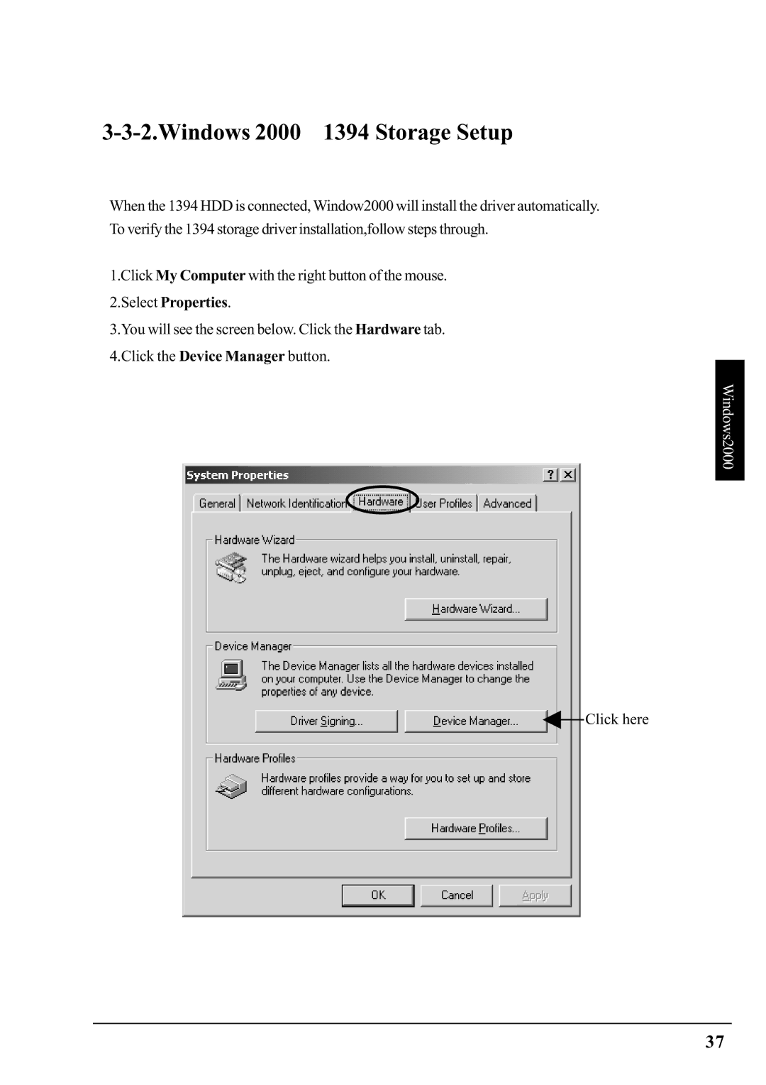 Ratoc Systems PCIFW1U manual Windows 2000 1394 Storage Setup 