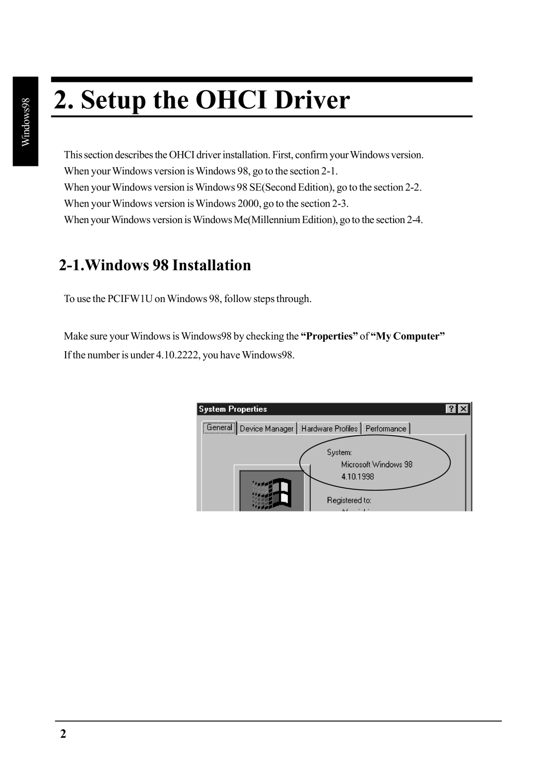 Ratoc Systems PCIFW1U manual Setup the Ohci Driver, Windows 98 Installation 