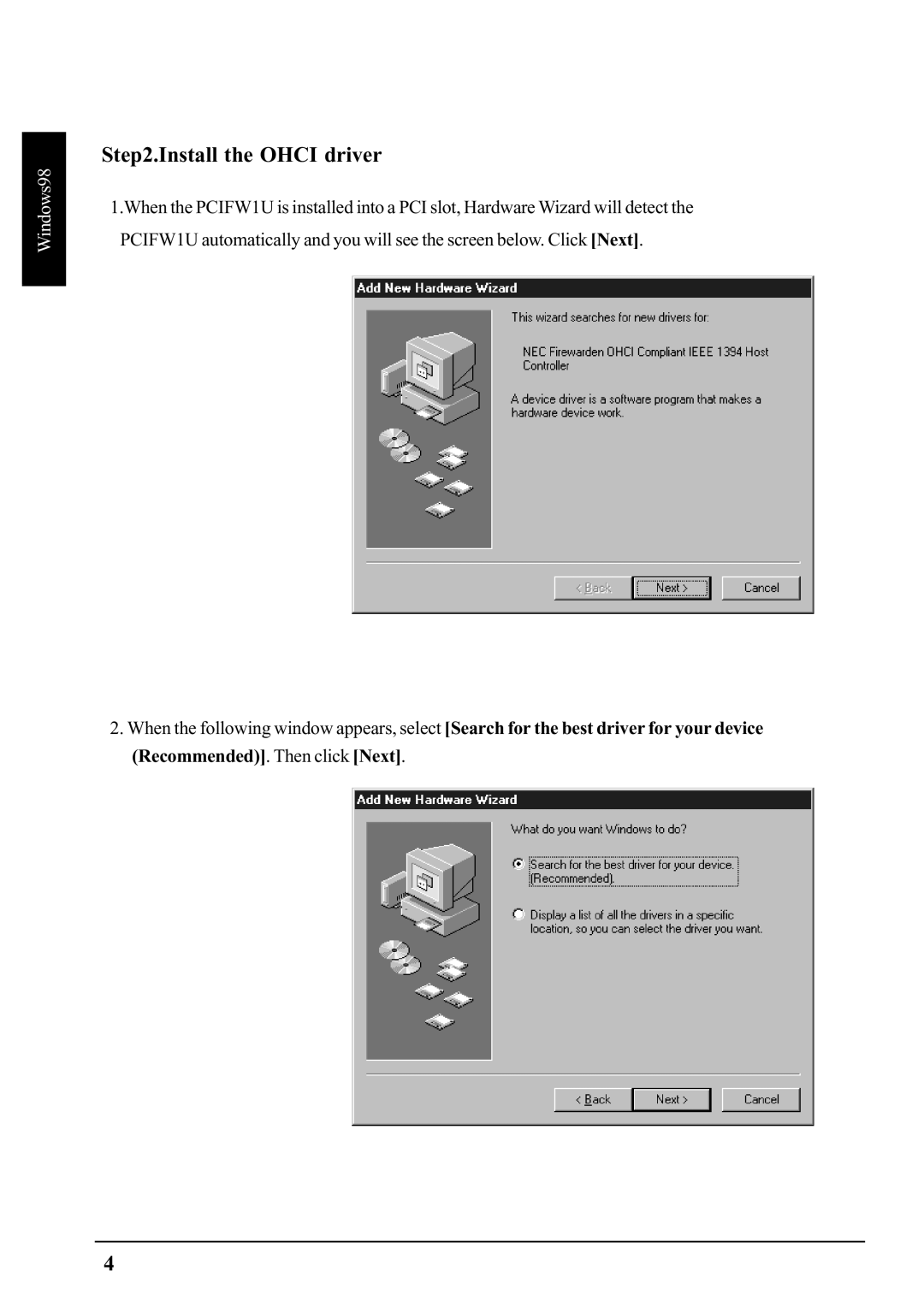 Ratoc Systems PCIFW1U manual Install the Ohci driver 