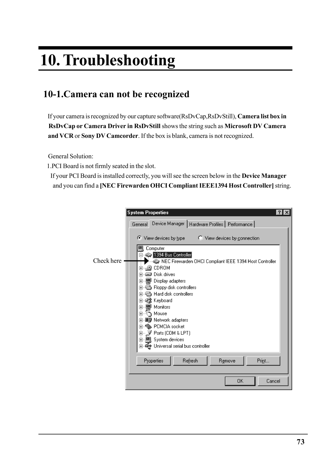 Ratoc Systems PCIFW1U manual Troubleshooting, Camera can not be recognized 