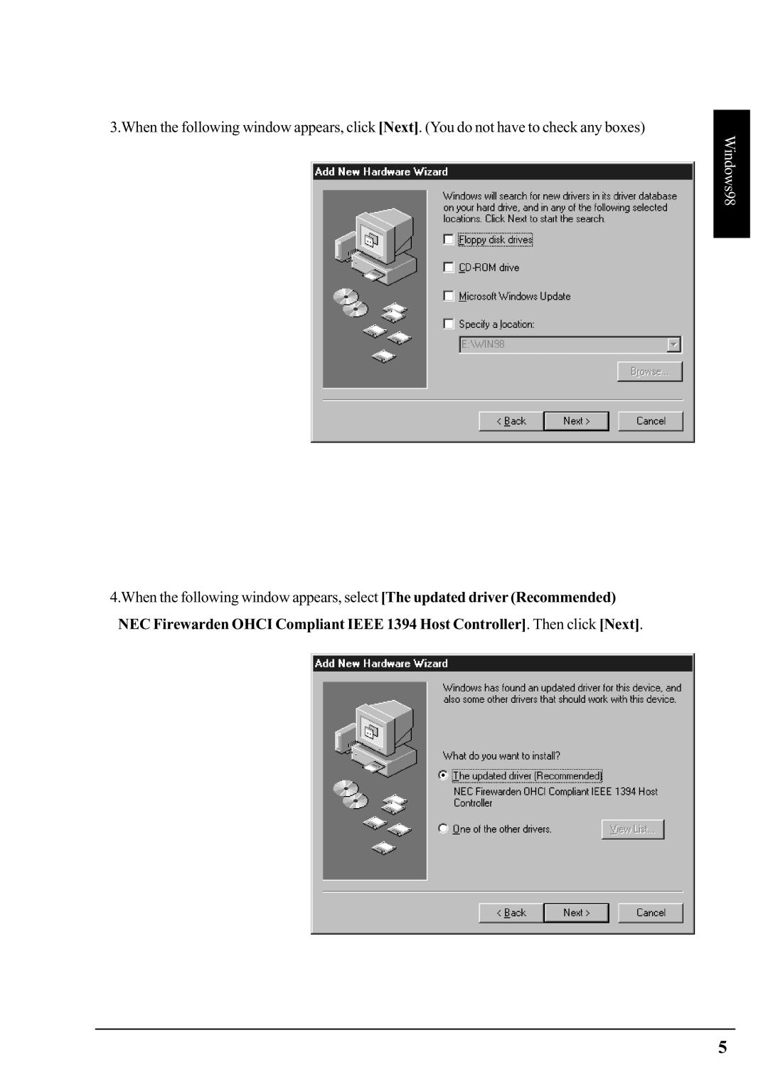 Ratoc Systems PCIFW1U manual Windows98 