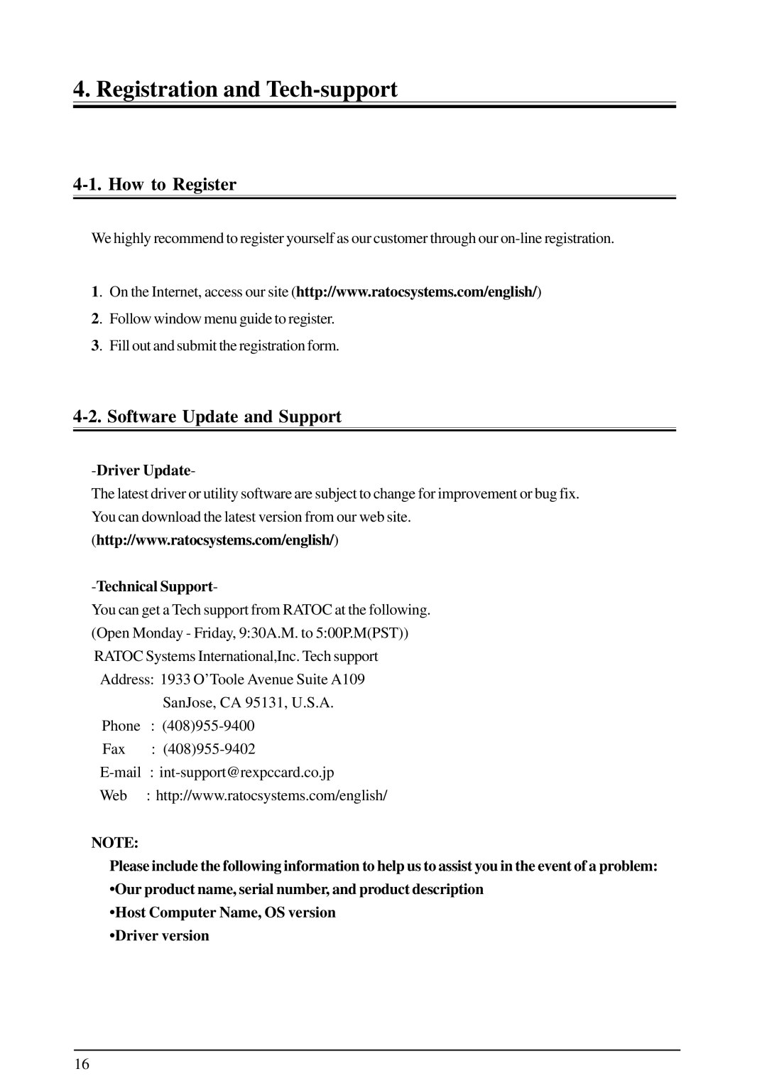 Ratoc Systems PCIU2 user manual How to Register, Software Update and Support 