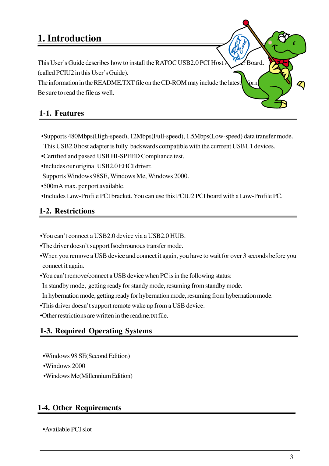 Ratoc Systems PCIU2 user manual Introduction, Features, Restrictions, Required Operating Systems, Other Requirements 
