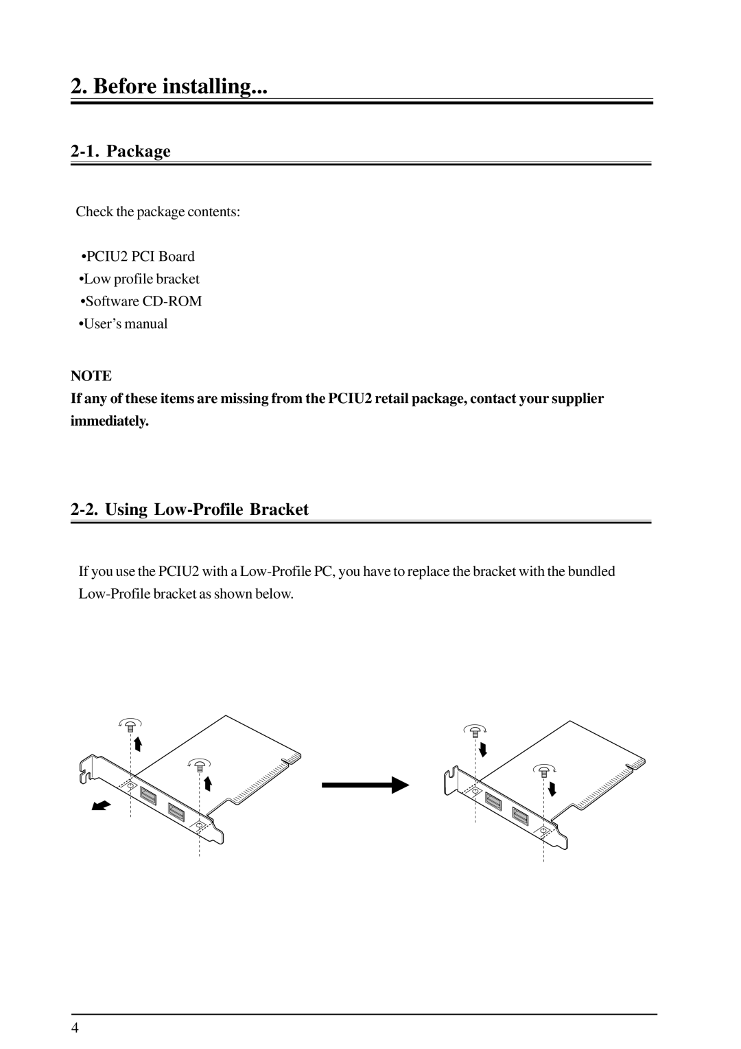 Ratoc Systems PCIU2 user manual Before installing, Package, Using Low-Profile Bracket 