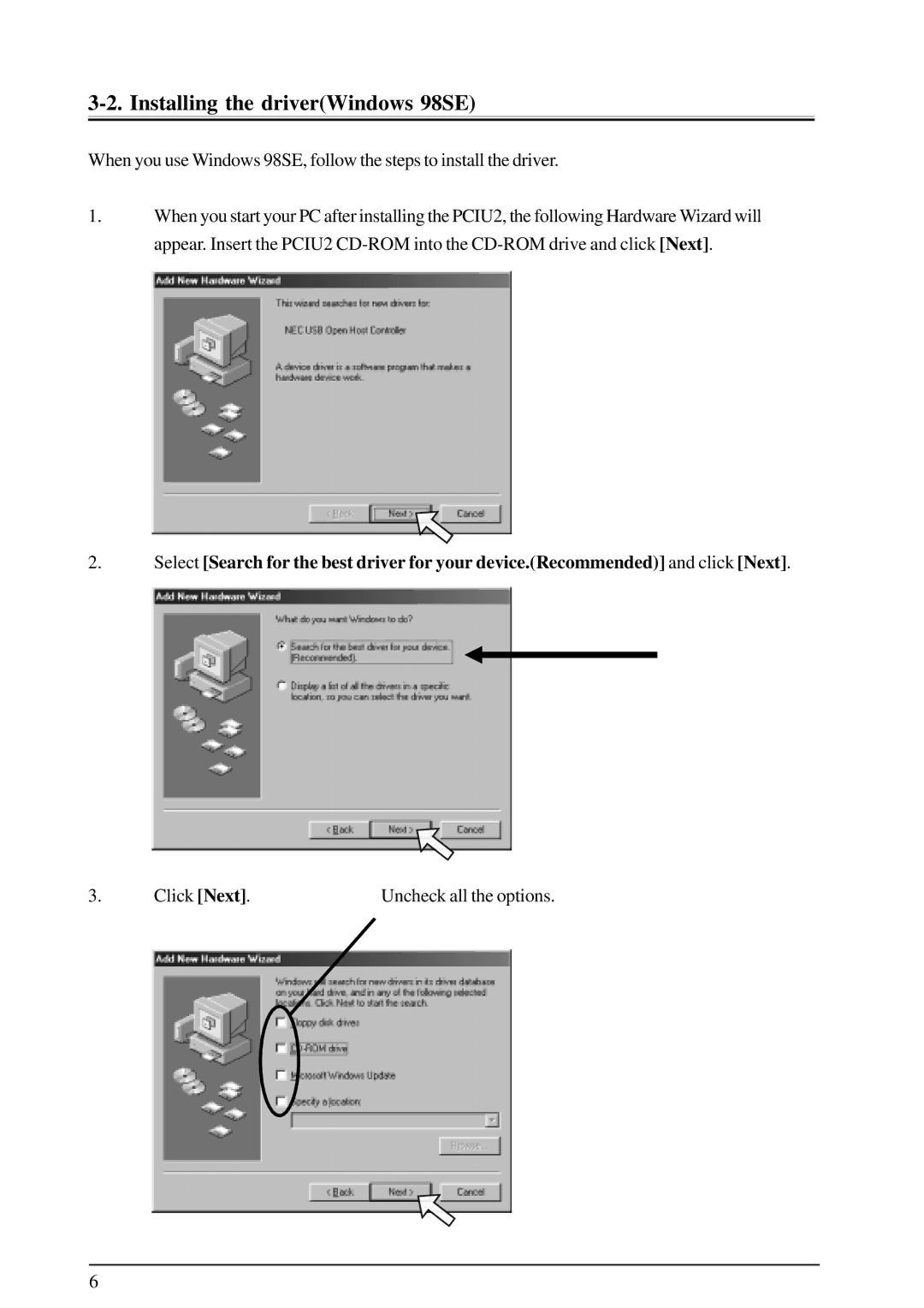 Ratoc Systems PCIU2 user manual Installing the driverWindows 98SE 