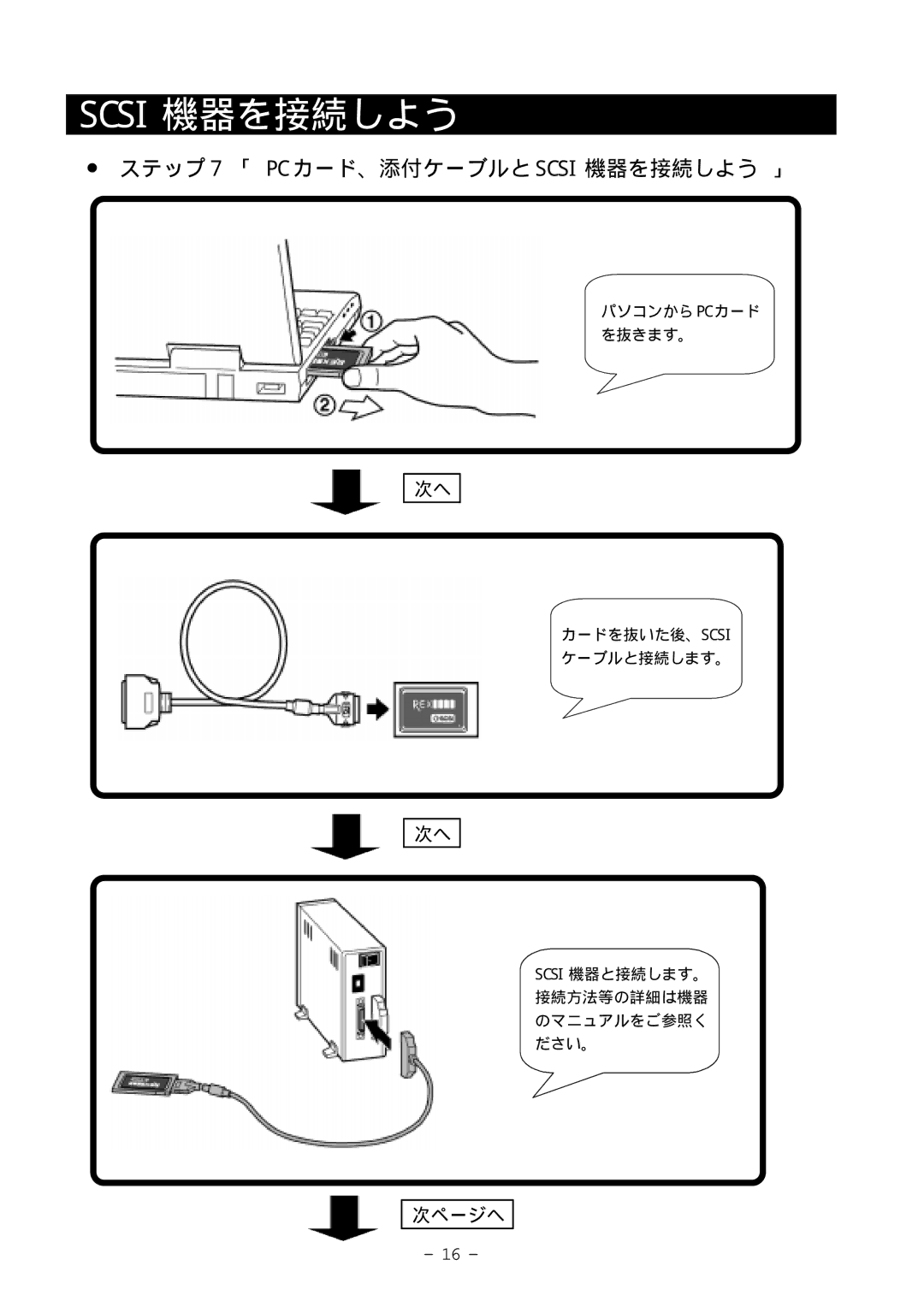 Ratoc Systems REX-9530V manual ステップ 7 「 PC カード、添付ケーブルと Scsi 機器を接続しよう 」 