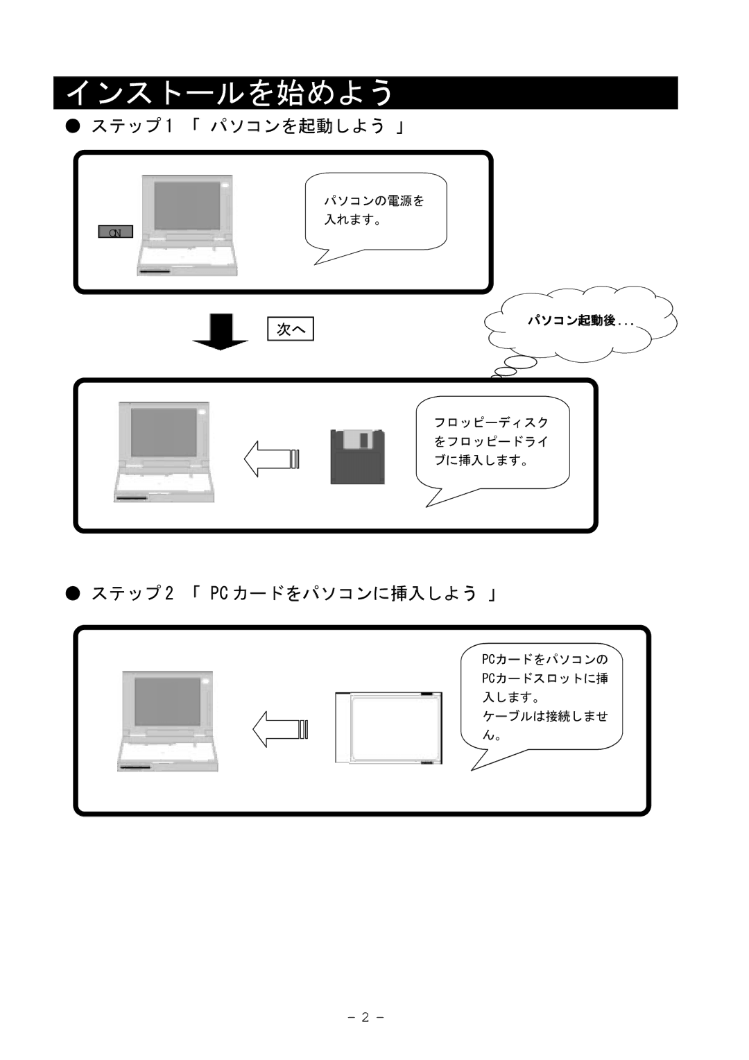 Ratoc Systems REX-9530V manual インストールを始めよう, ステップ 1 「 パソコンを起動しよう 」, ステップ 2 「 PC カードをパソコンに挿入しよう 」 