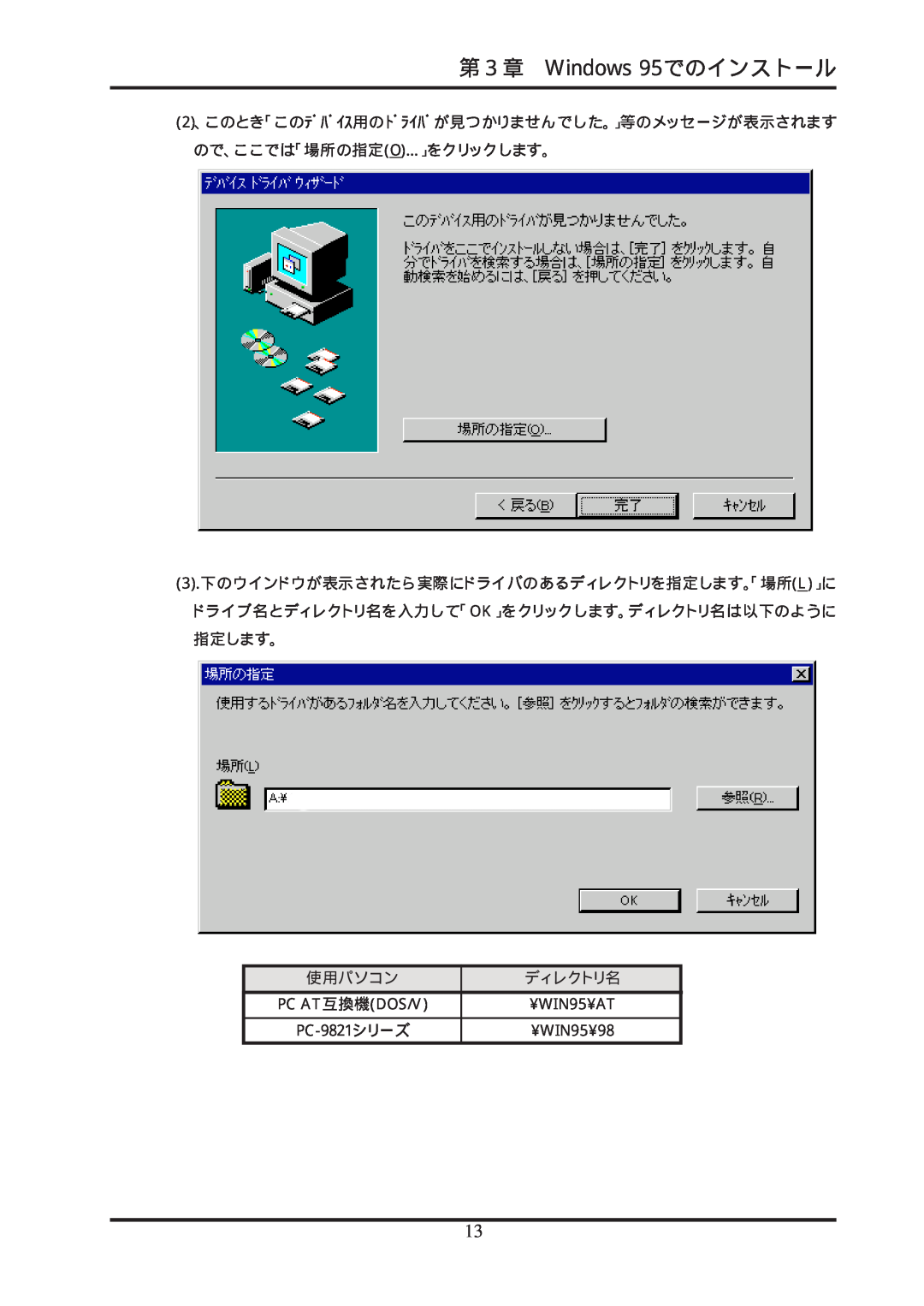 Ratoc Systems REX-R280 manual 第３章 Windows 95でのインストール, Pc At 互換機dos/V, ¥WIN95¥AT, ¥WIN95¥98, PC-9821 シリーズ 