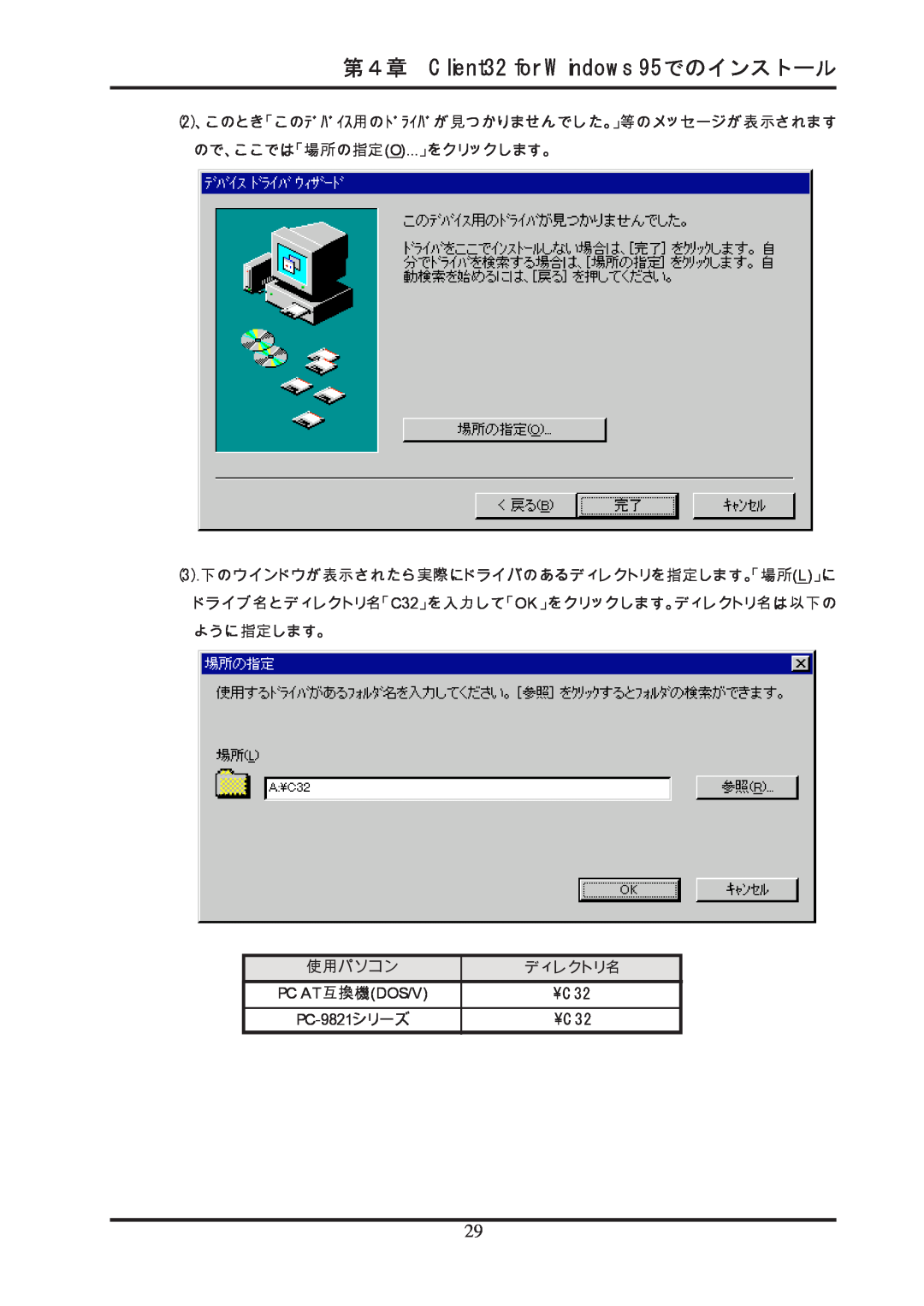 Ratoc Systems REX-R280 manual 第４章 Client32 for Windows 95でのインストール, Pc At 互換機dos/V, ¥C32, PC-9821 シリーズ 