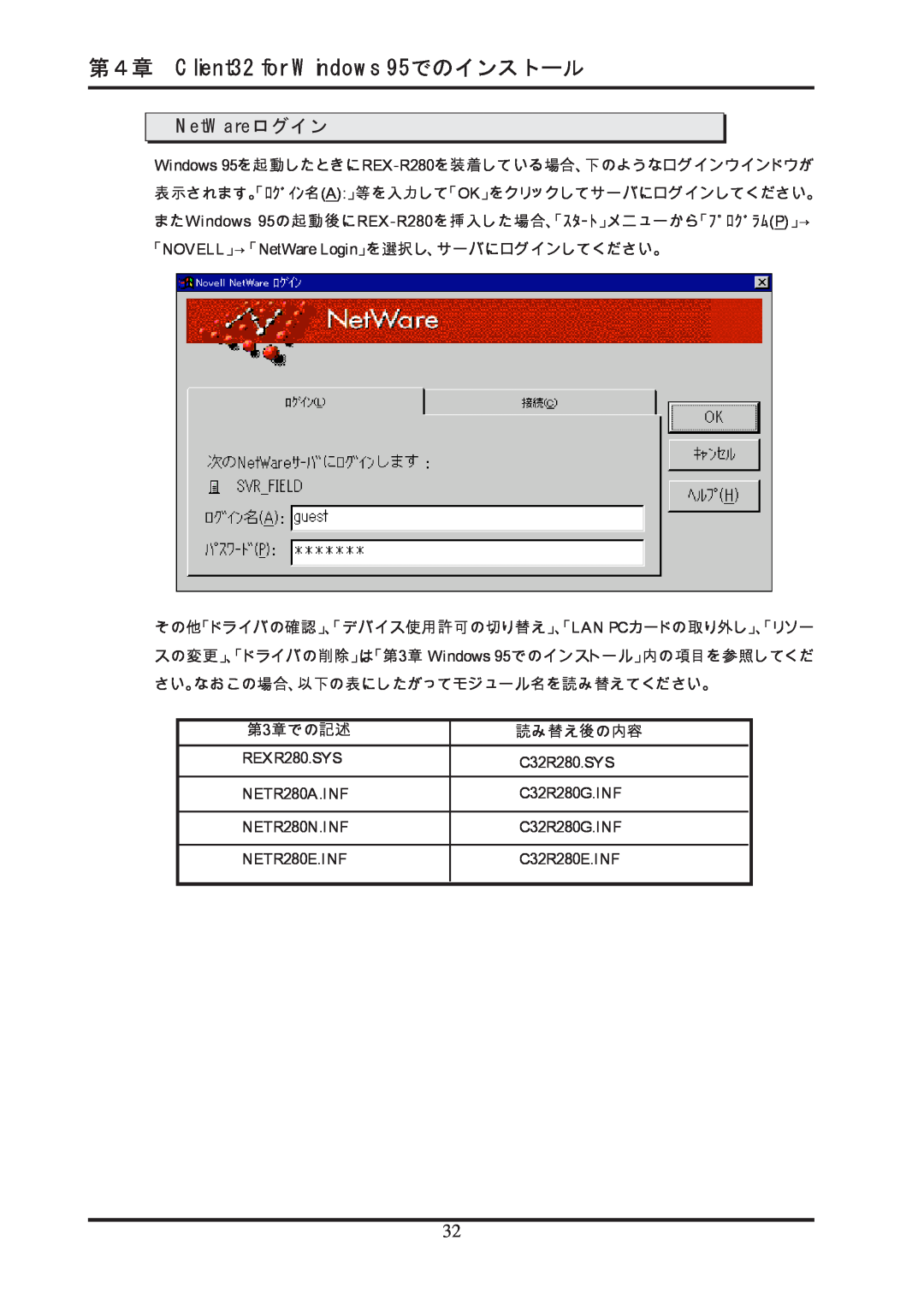 Ratoc Systems REX-R280 manual 第４章 Client32 for Windows 95でのインストール, NetWareログイン 