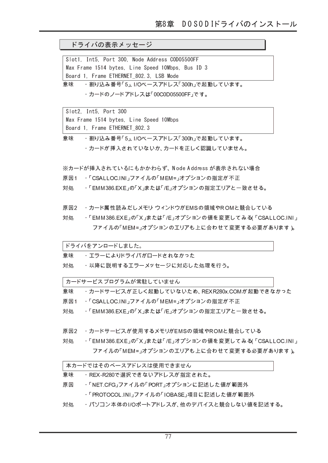 Ratoc Systems REX-R280 manual ドライバの表示メッセージ 