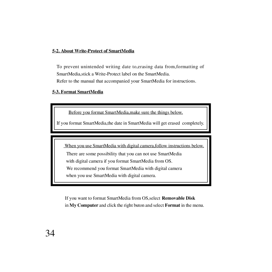 Ratoc Systems SMA03U manual About Write-Protect of SmartMedia, Format SmartMedia 