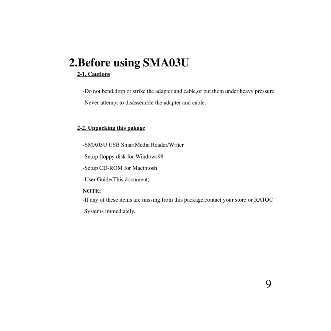 Ratoc Systems manual Before using SMA03U, Unpacking this pakage 