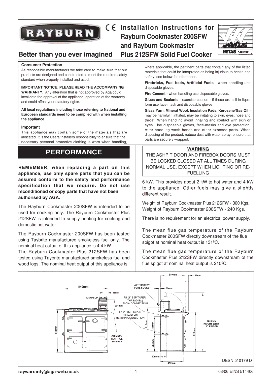 Rayburn 200SFW, 212SFW installation instructions Performance 