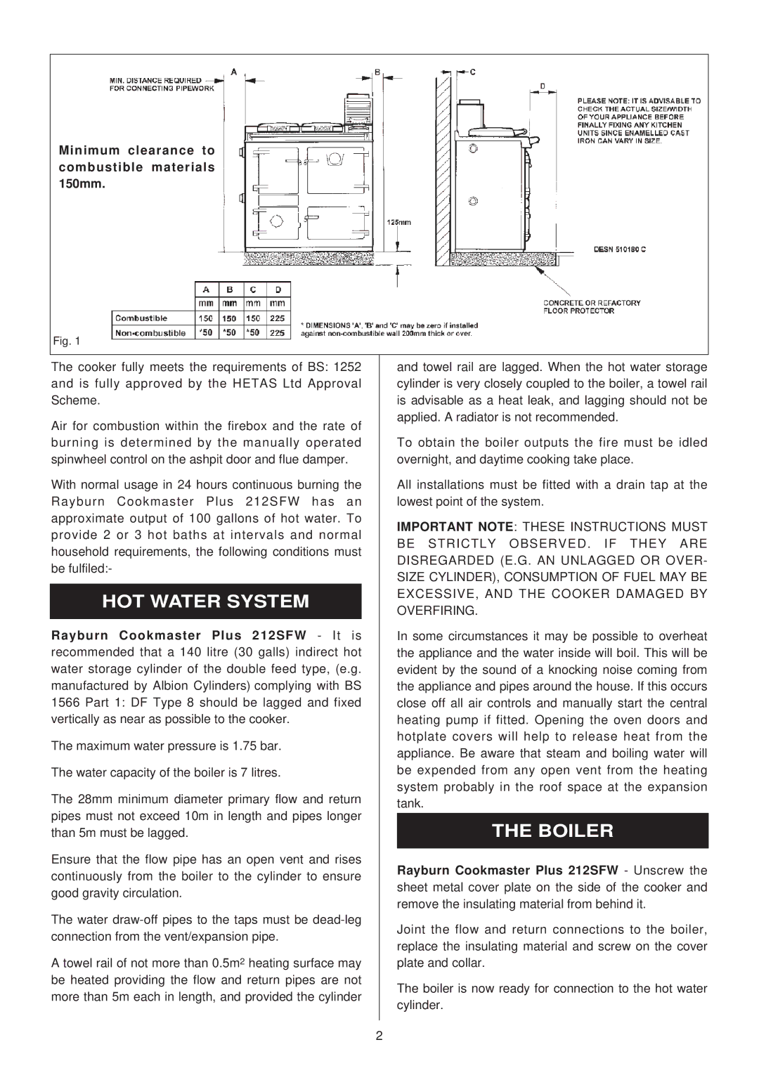 Rayburn 212SFW, 200SFW installation instructions HOT Water System, Boiler, Minimum clearance to combustible materials 150mm 