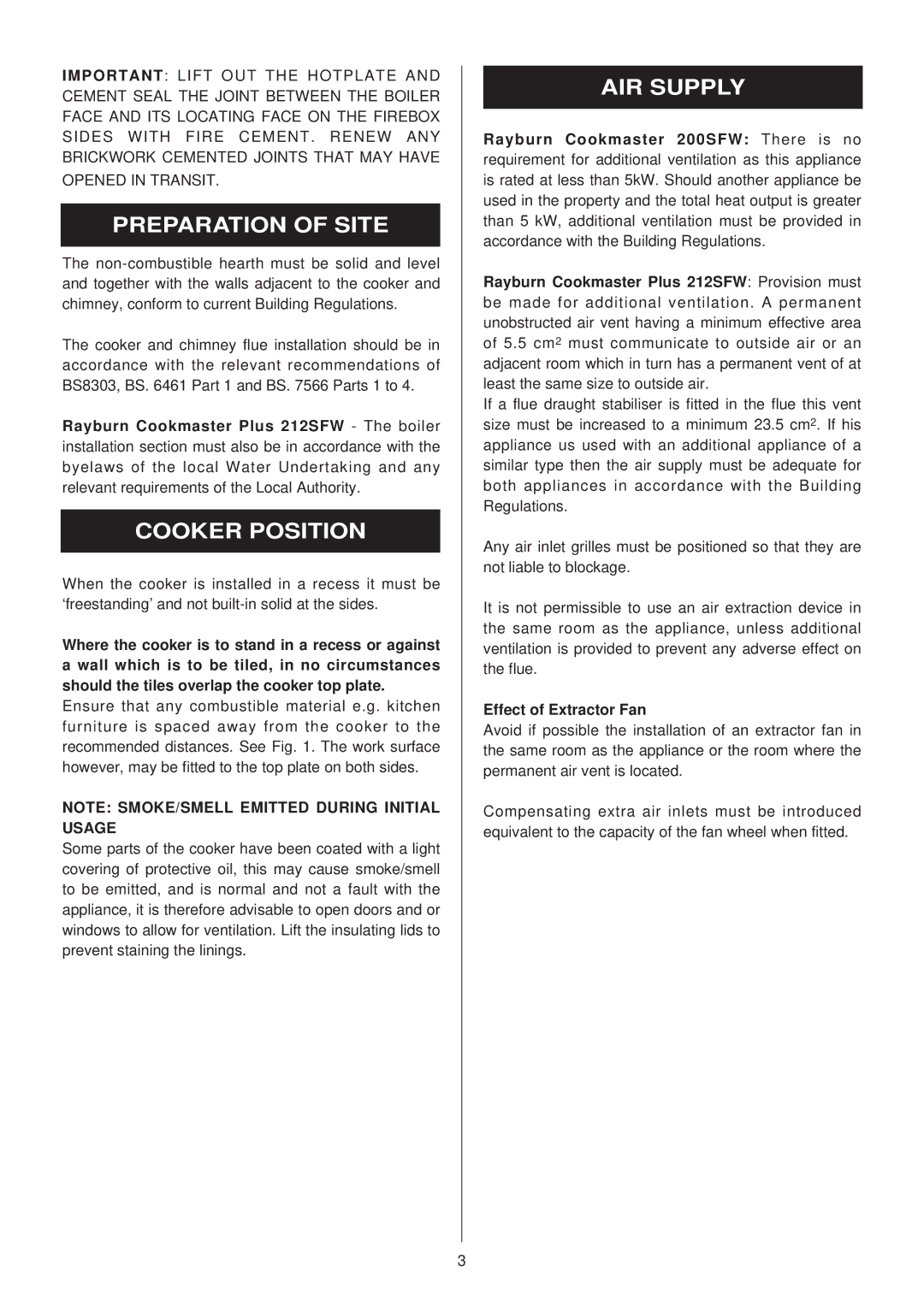 Rayburn 200SFW, 212SFW installation instructions Preparation of Site, Cooker Position, AIR Supply, Effect of Extractor Fan 