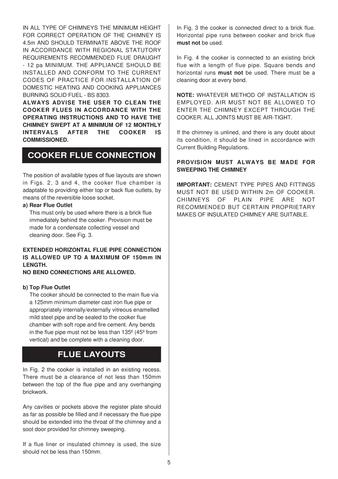 Rayburn 200SFW, 212SFW installation instructions Cooker Flue Connection, Flue Layouts, No Bend Connections are Allowed 