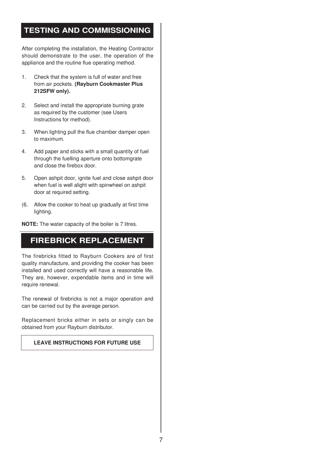 Rayburn 200SFW, 212SFW Testing and Commissioning, Firebrick Replacement, Leave Instructions for Future USE 