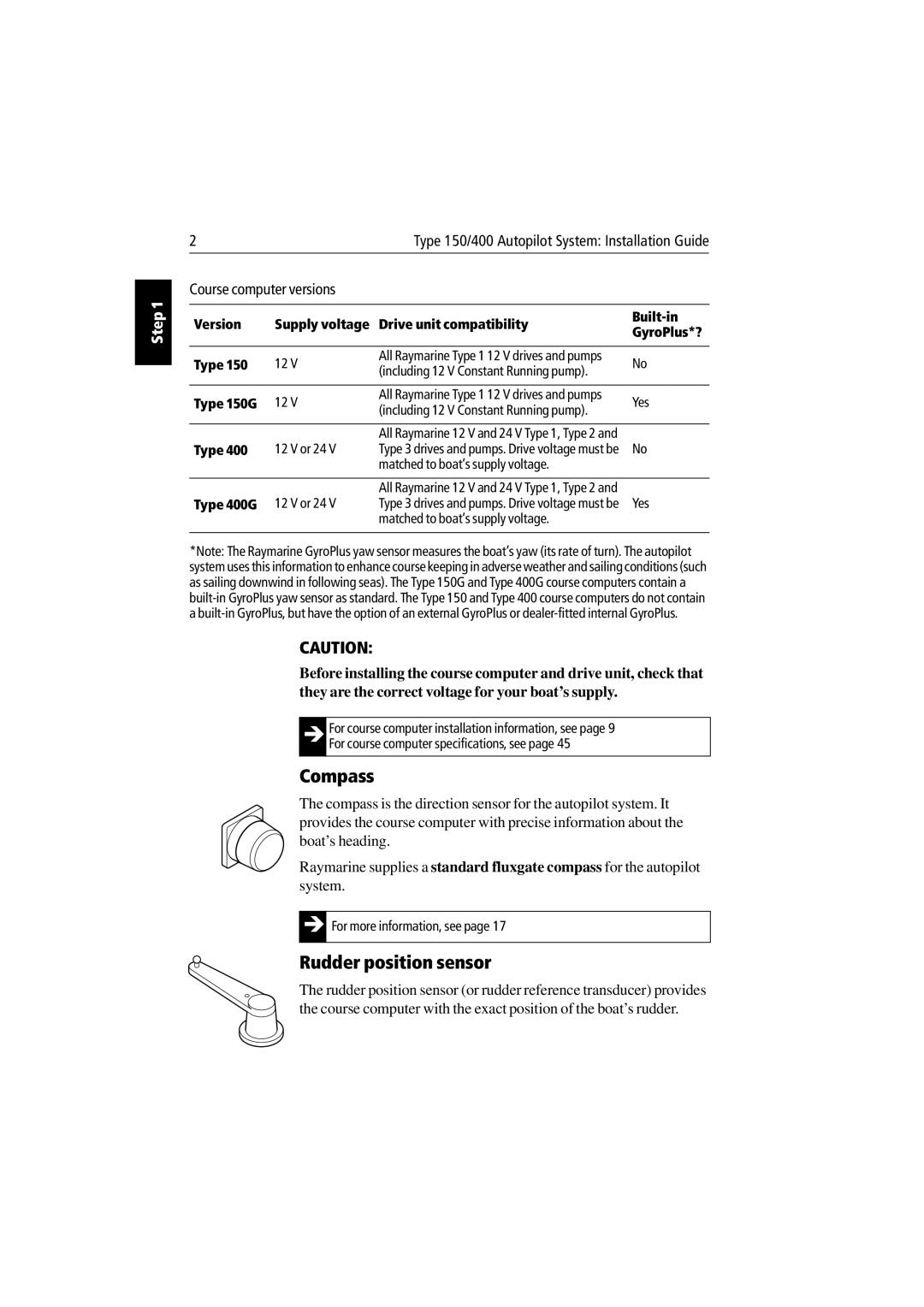 Raymarine 150/400 manual Compass, Rudder position sensor, Type 150G, Type 400G 