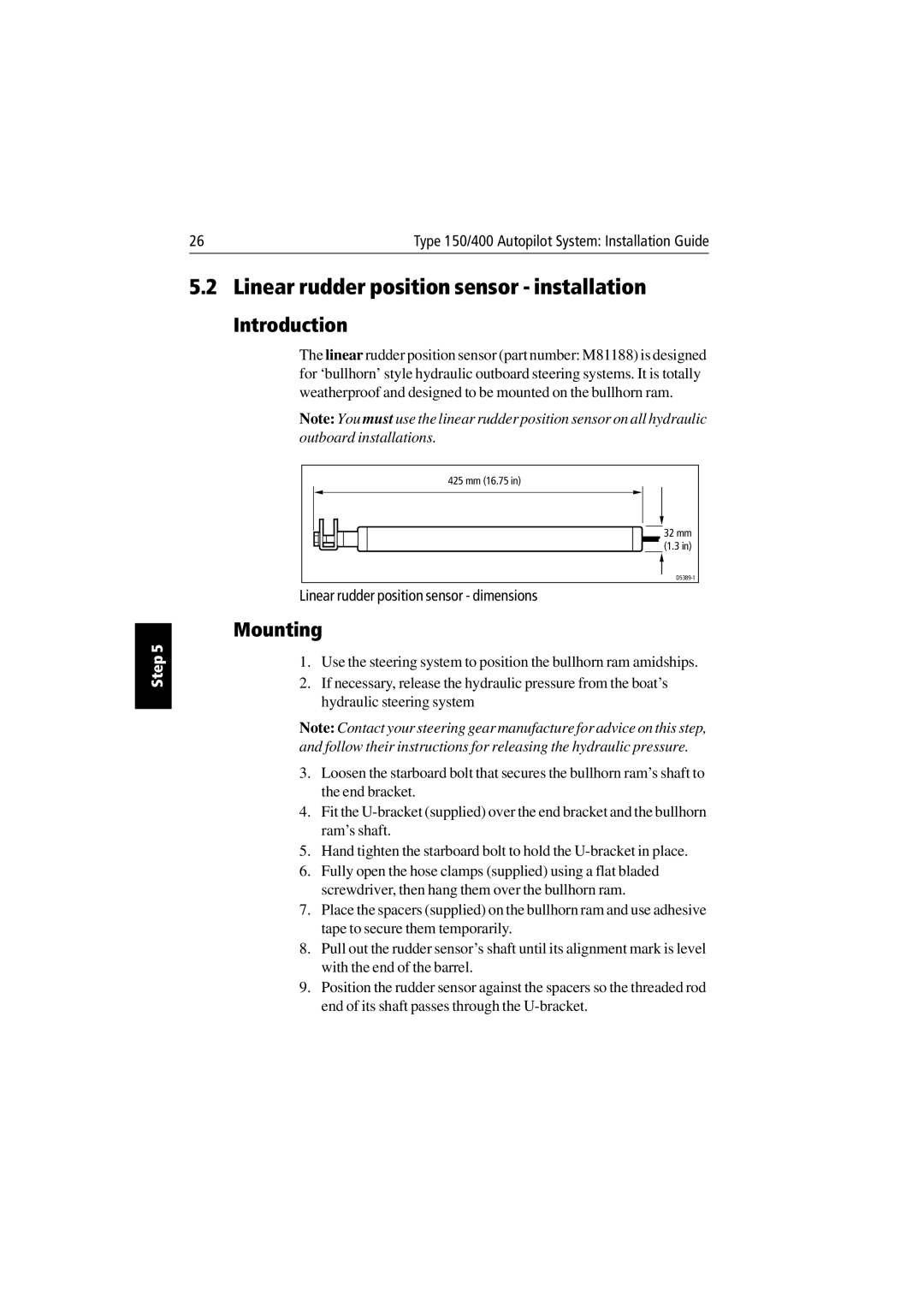 Raymarine 150/400 manual Linear rudder position sensor installation, Mounting 