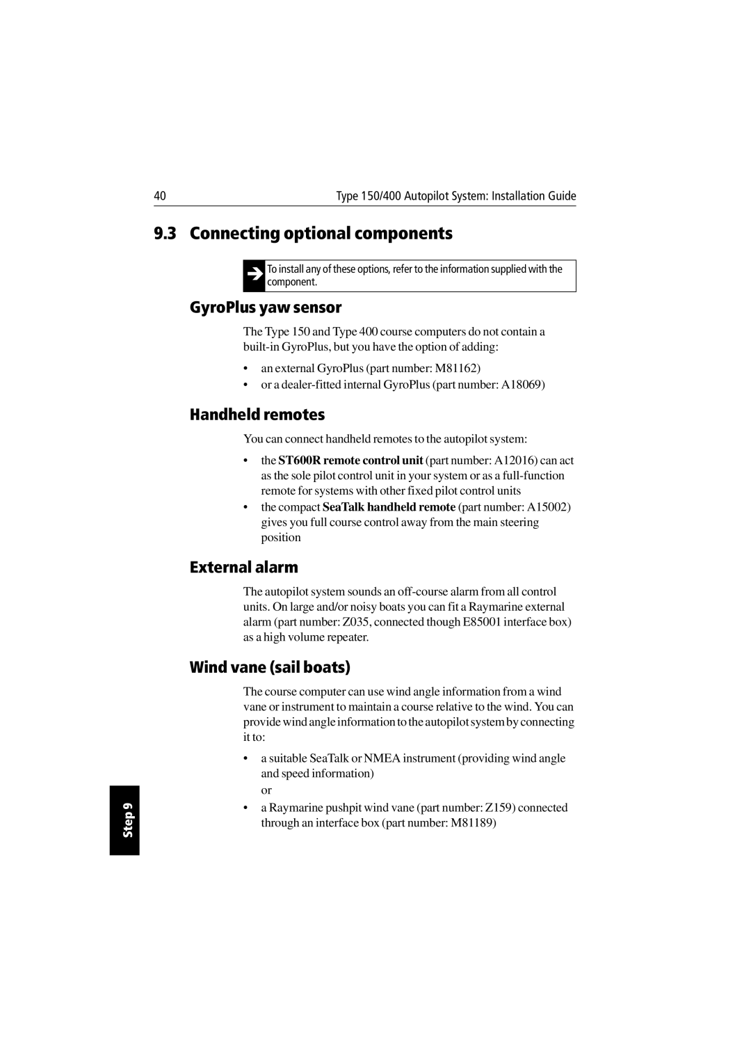 Raymarine 150/400 manual Connecting optional components, GyroPlus yaw sensor, Handheld remotes, External alarm 