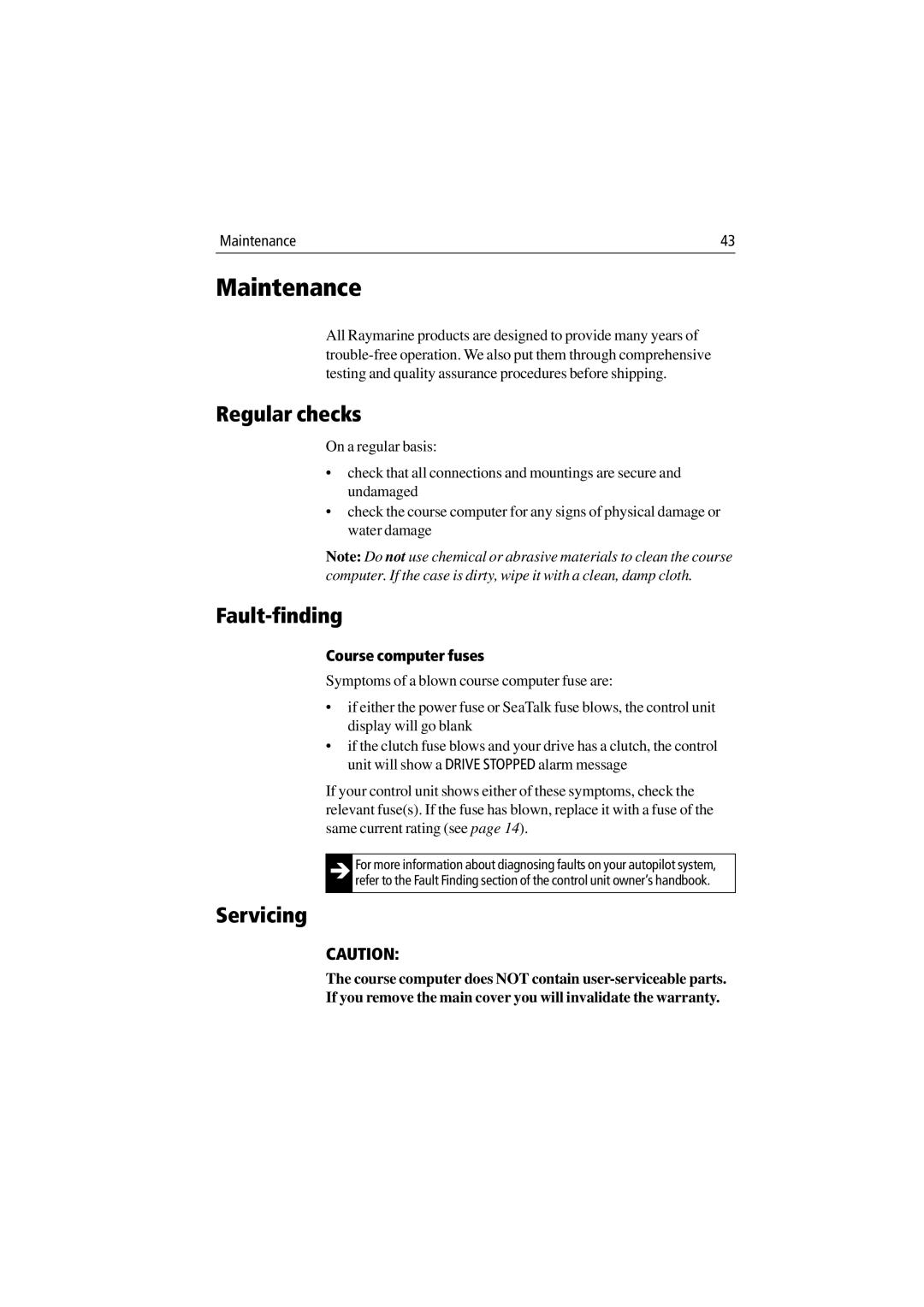 Raymarine 150/400 manual Maintenance, Regular checks, Fault-finding, Servicing 