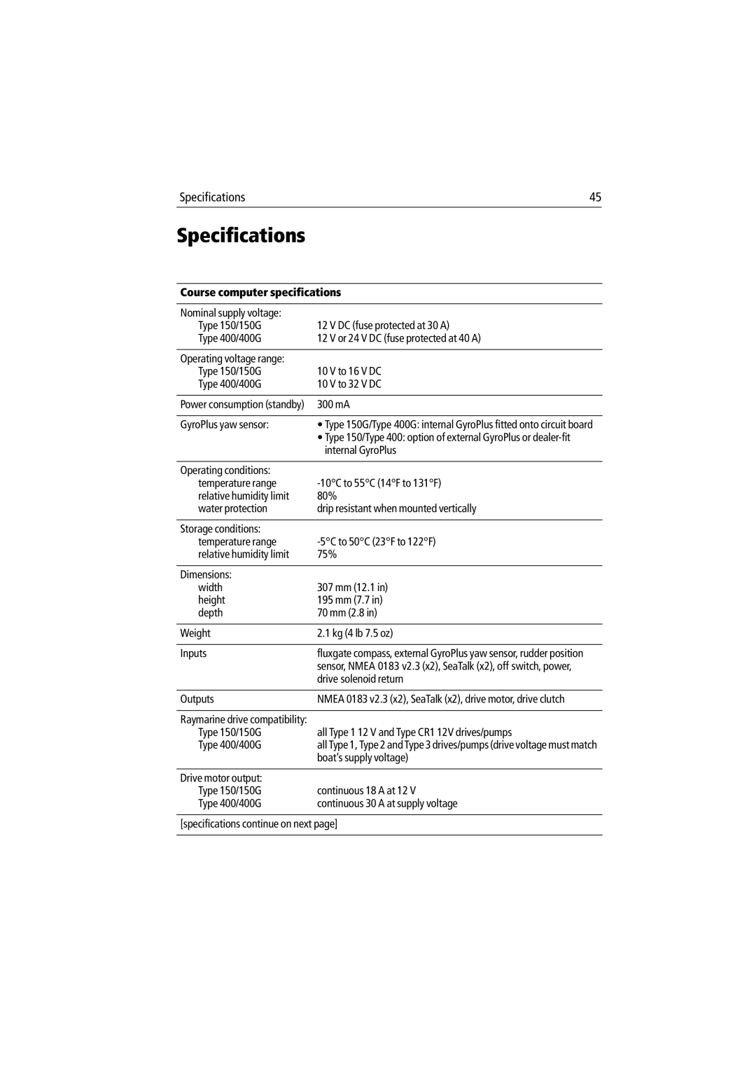 Raymarine 150/400 manual Specifications, Course computer specifications 