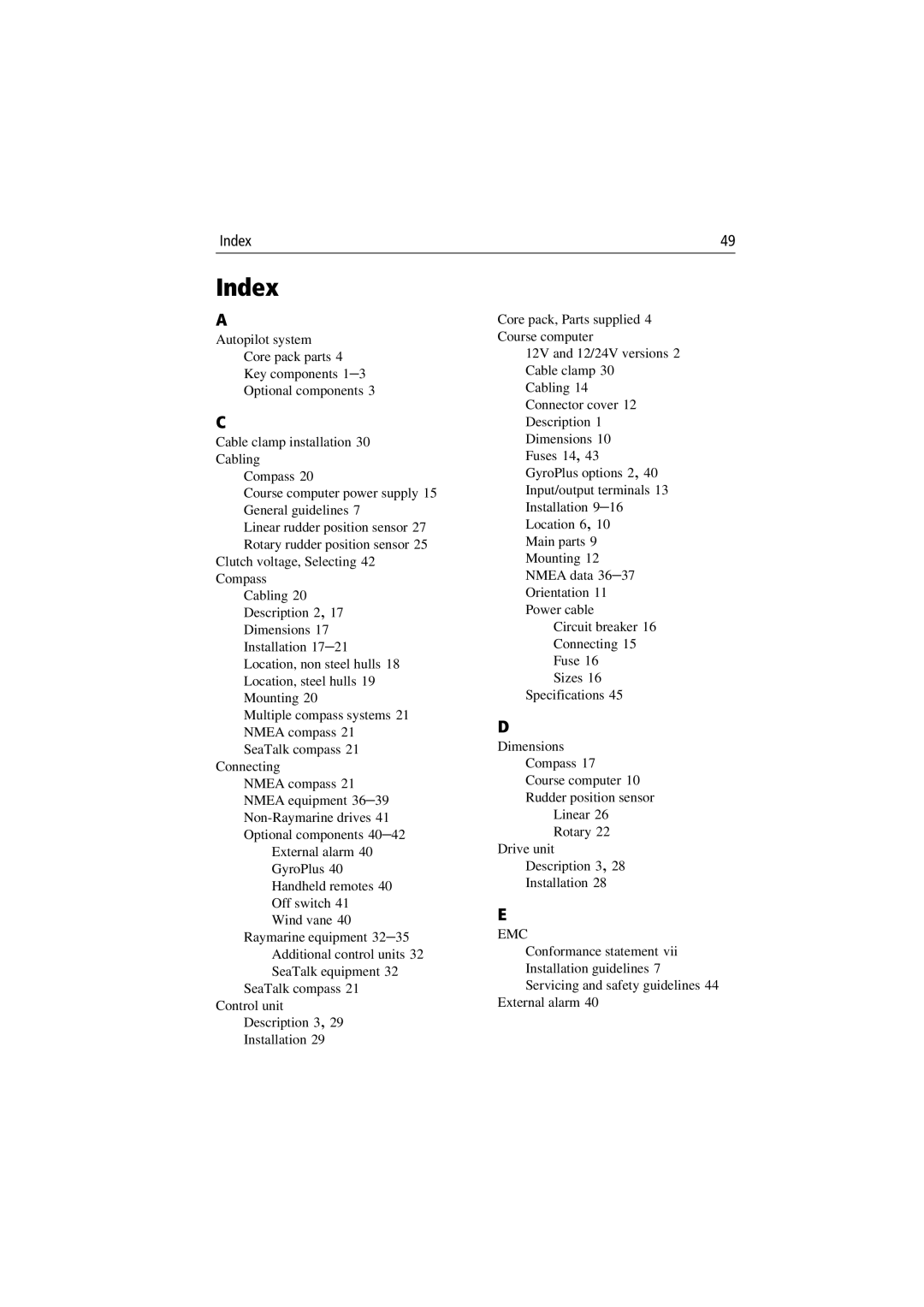 Raymarine 150/400 manual Index, Emc 